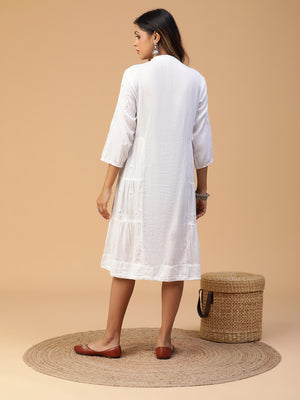 Chikankari Mandarin Collar Cotton Shirt Dress with Applique and Mukaish Embellishment
