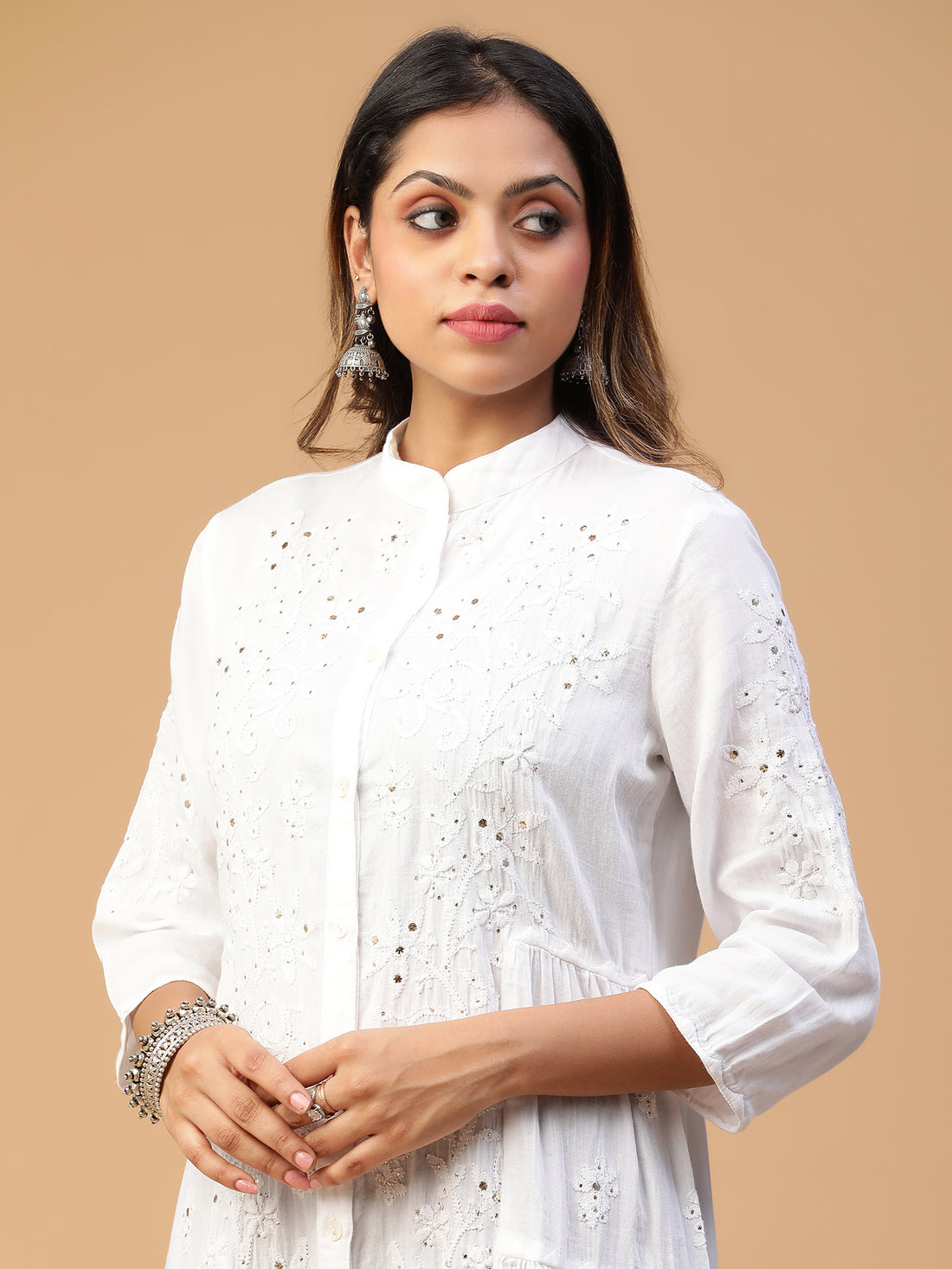 Chikankari Mandarin Collar Cotton Shirt Dress with Applique and Mukaish Embellishment