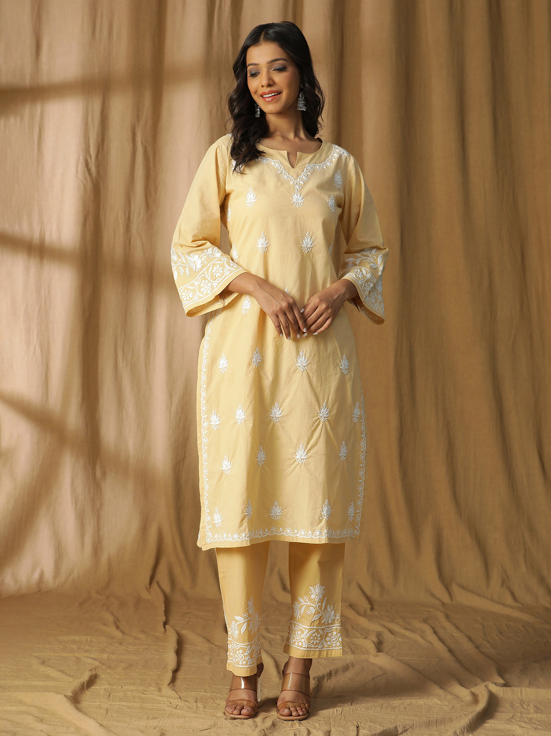 Semal Hand Embroidered Light Beige Cotton Kurta Set with Lucknowi Chikankari Embellishments CH0194