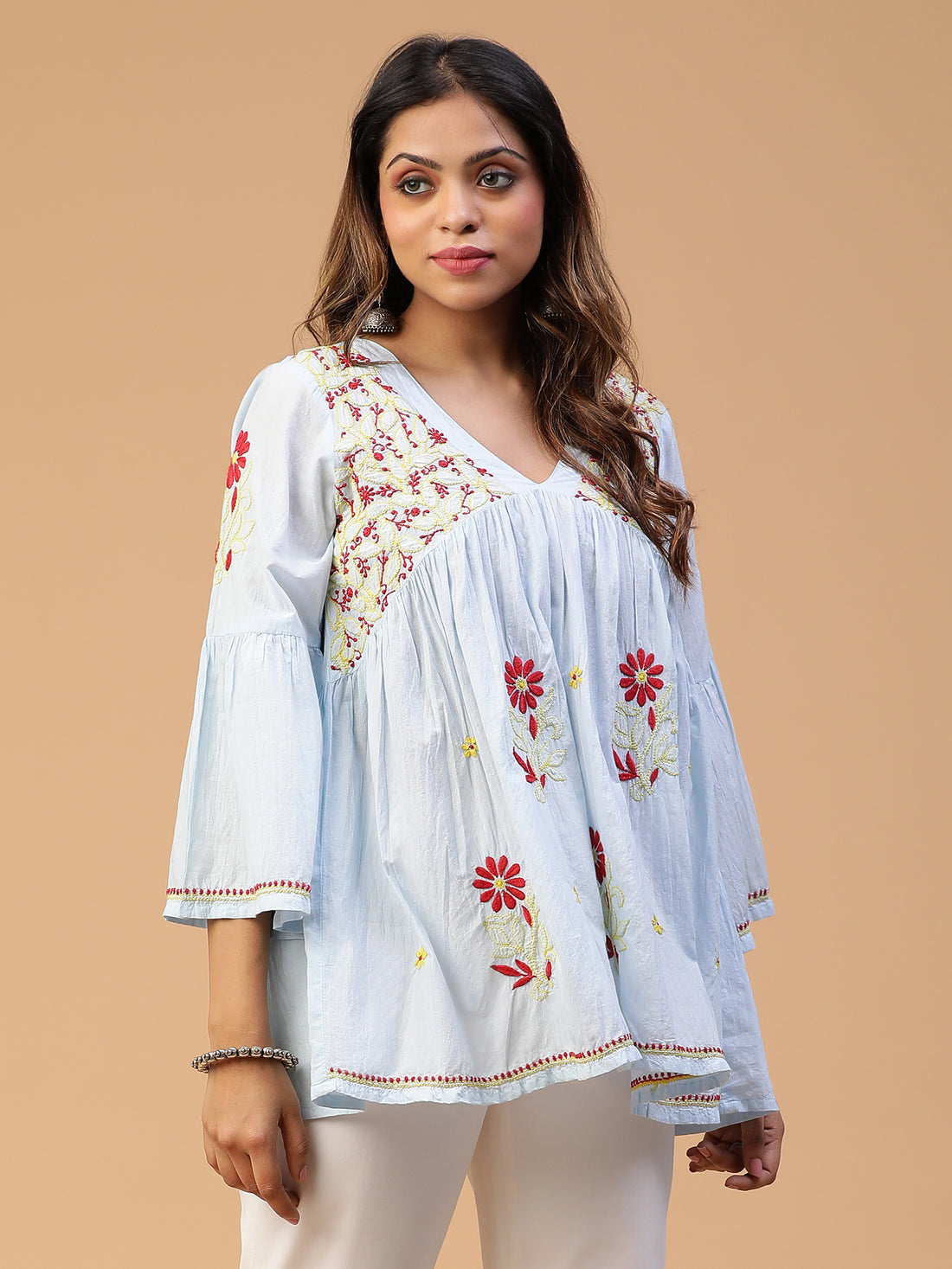 Semal Hand Embroidered Powder Blue Handloom Cotton Lucknowi Chikankari V-Neck Gathered Flared Top CH0087