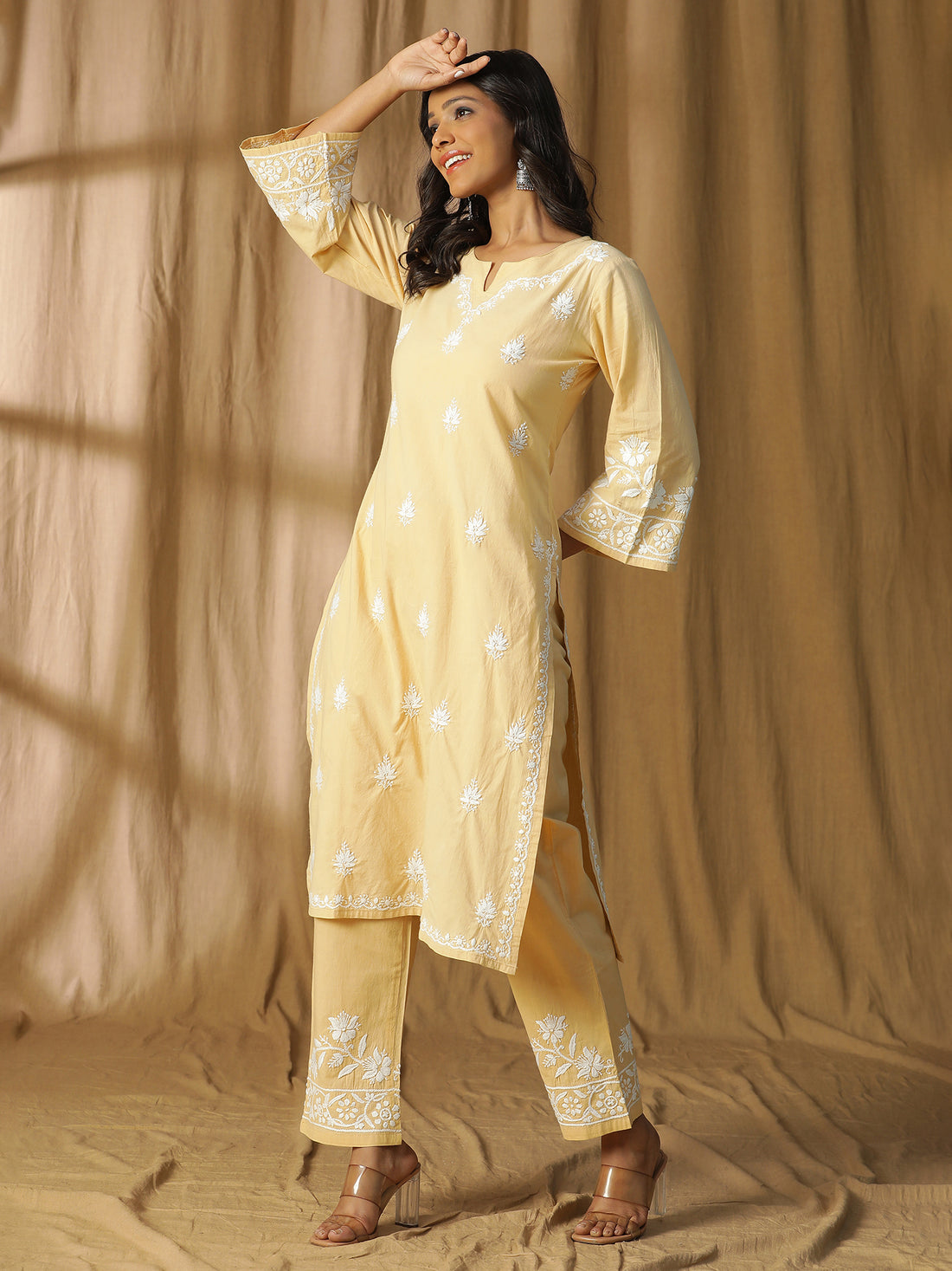 Semal Hand Embroidered Light Beige Cotton Kurta Set with Lucknowi Chikankari Embellishments CH0194