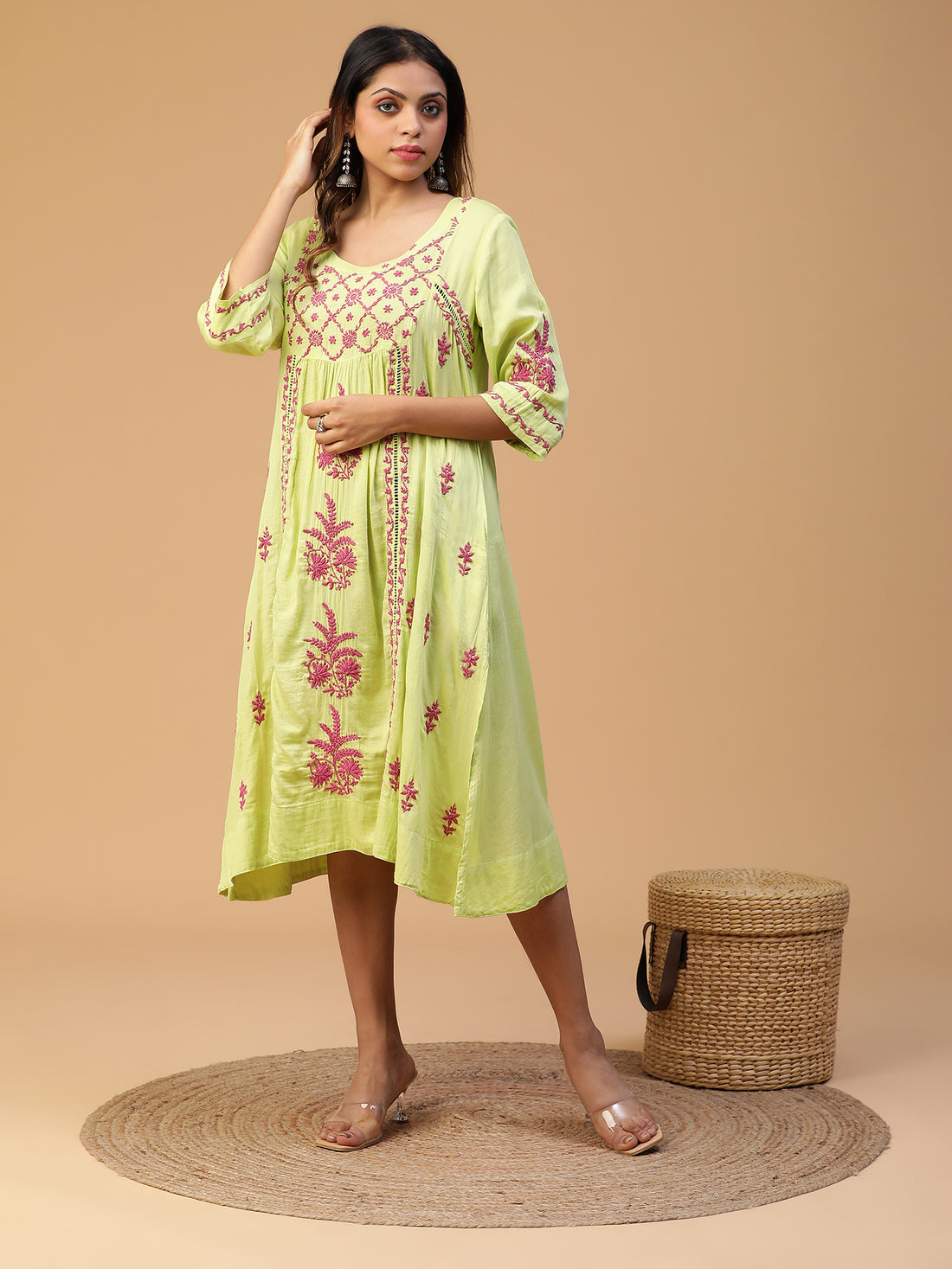 SEMAL HAND EMBROIDERED LIGHT GREEN COTTON LUCKNOWI CHIKANKARI YOKE GATHER KURTA WITH LACE DETAILING CH0131