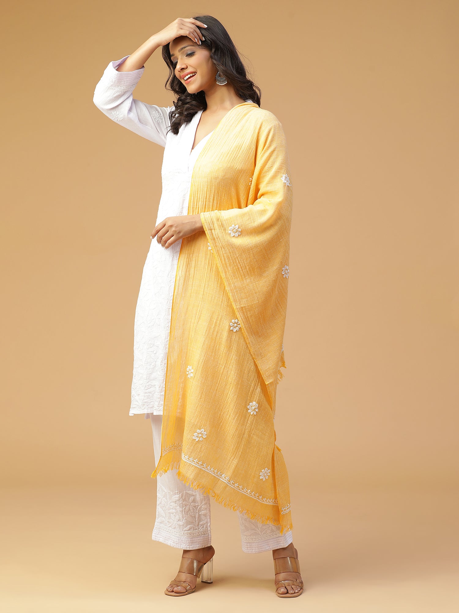 Hand Embroidered Pure Handloom Cotton Saffron Stole STL002