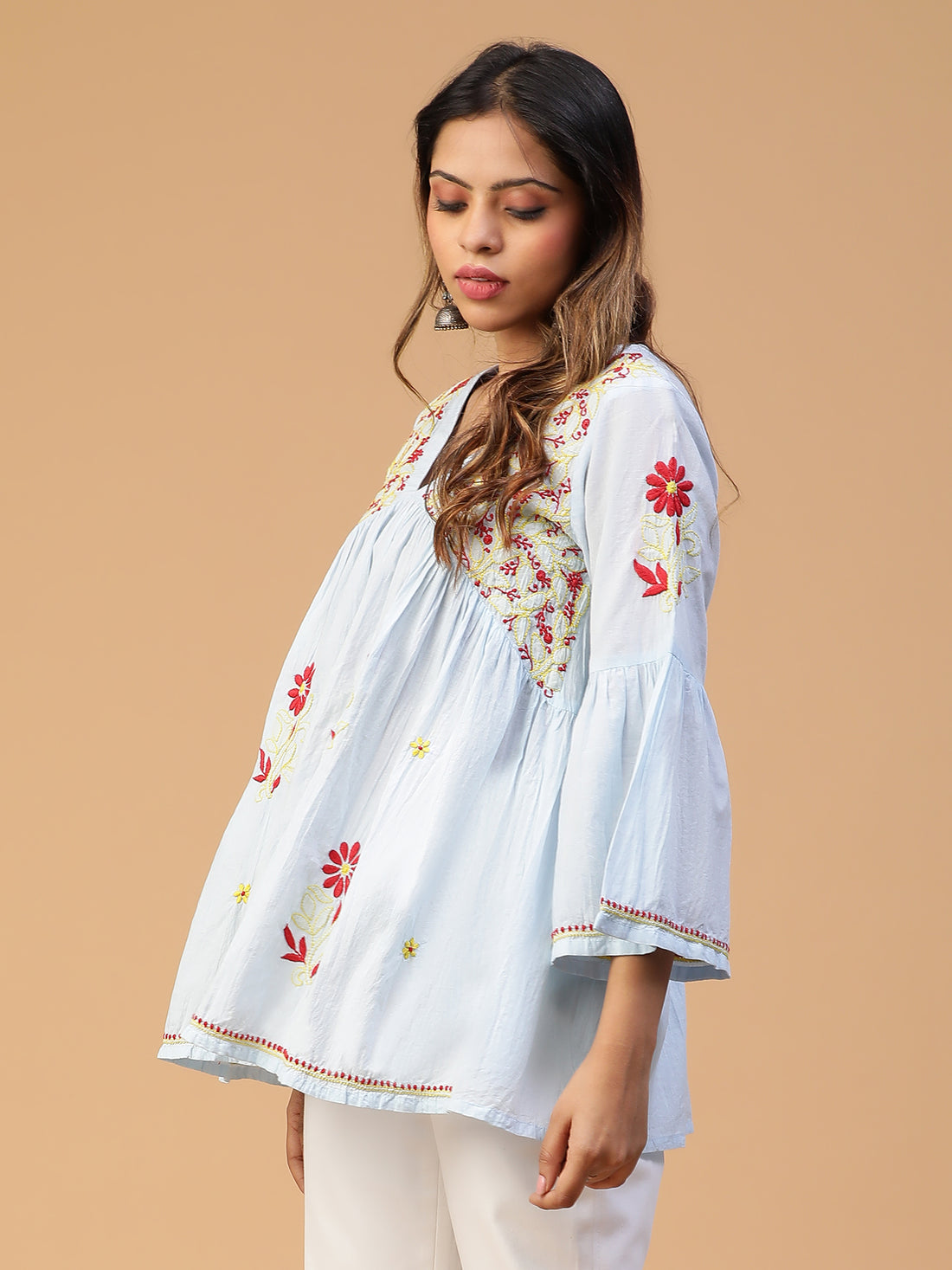 Semal Hand Embroidered Powder Blue Handloom Cotton Lucknowi Chikankari V-Neck Gathered Flared Top CH0087