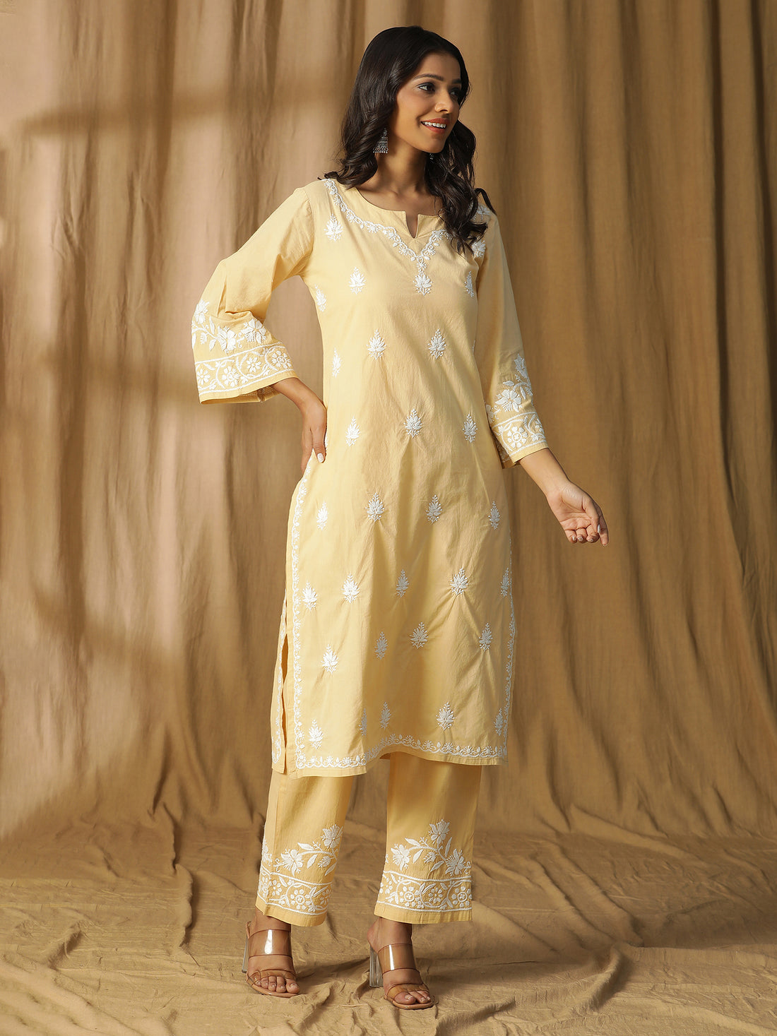 Semal Hand Embroidered Light Beige Cotton Kurta Set with Lucknowi Chikankari Embellishments CH0194