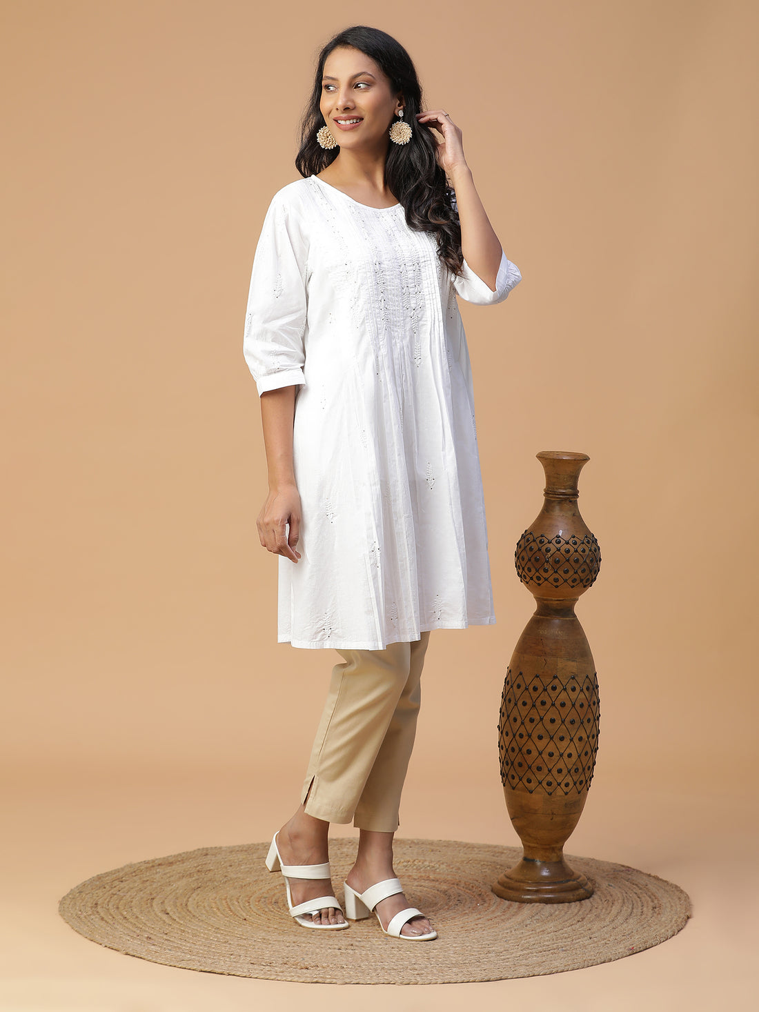 Semal handicrafts white Chikankari cotton knee length kurti with pintuck