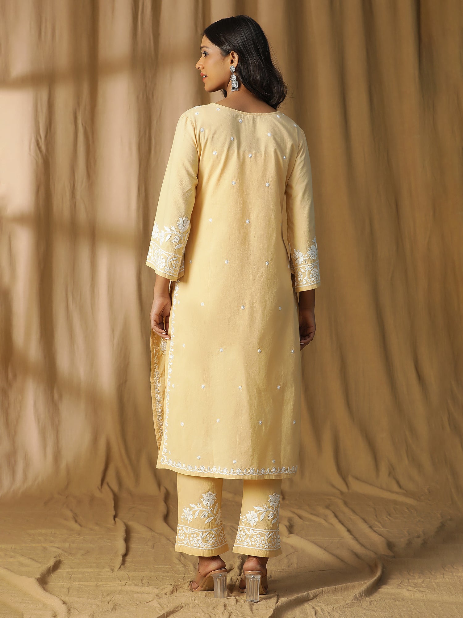 Semal Hand Embroidered Light Beige Cotton Kurta Set with Lucknowi Chikankari Embellishments CH0194