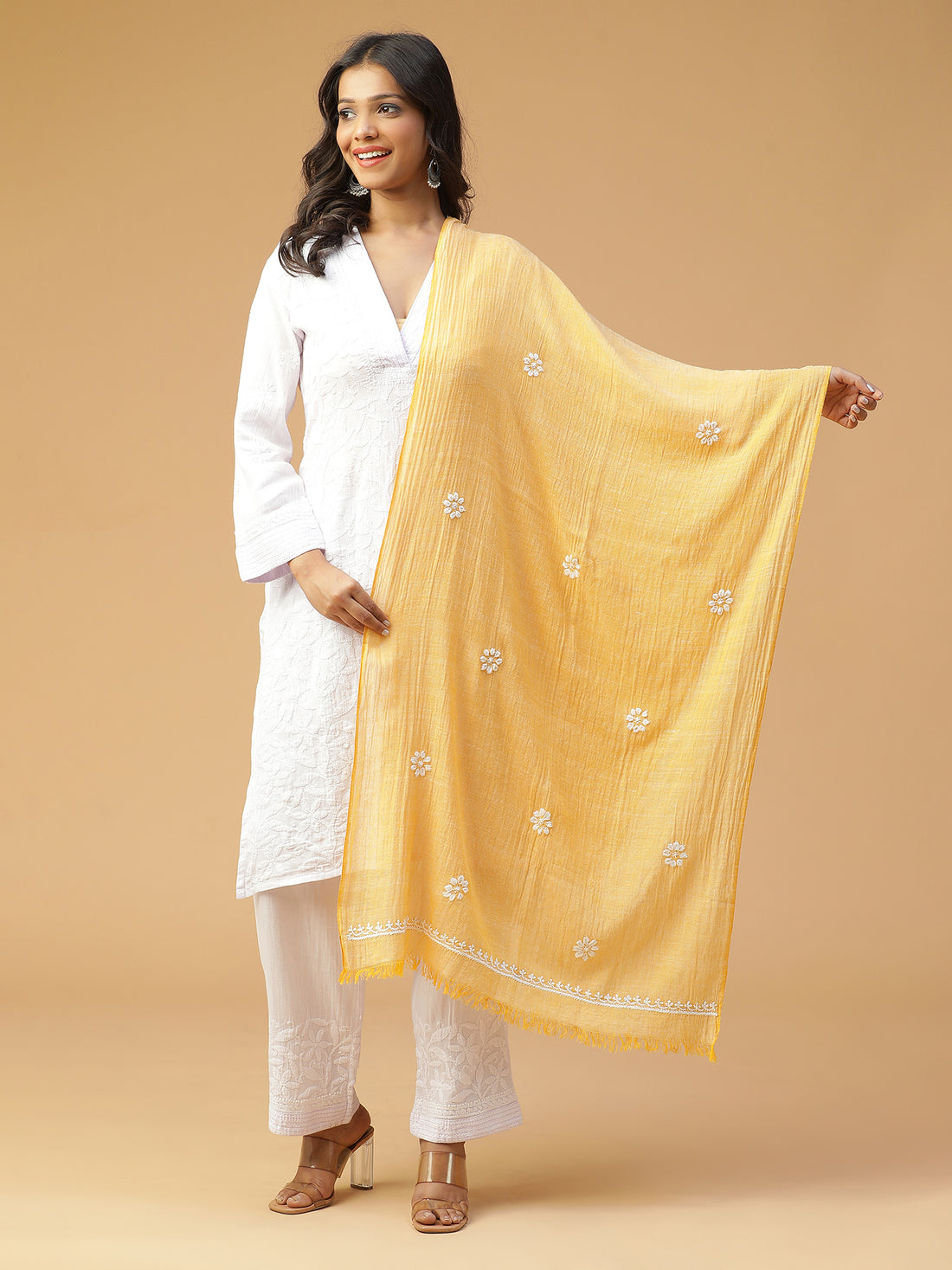 Hand Embroidered Pure Handloom Cotton Saffron Stole STL002