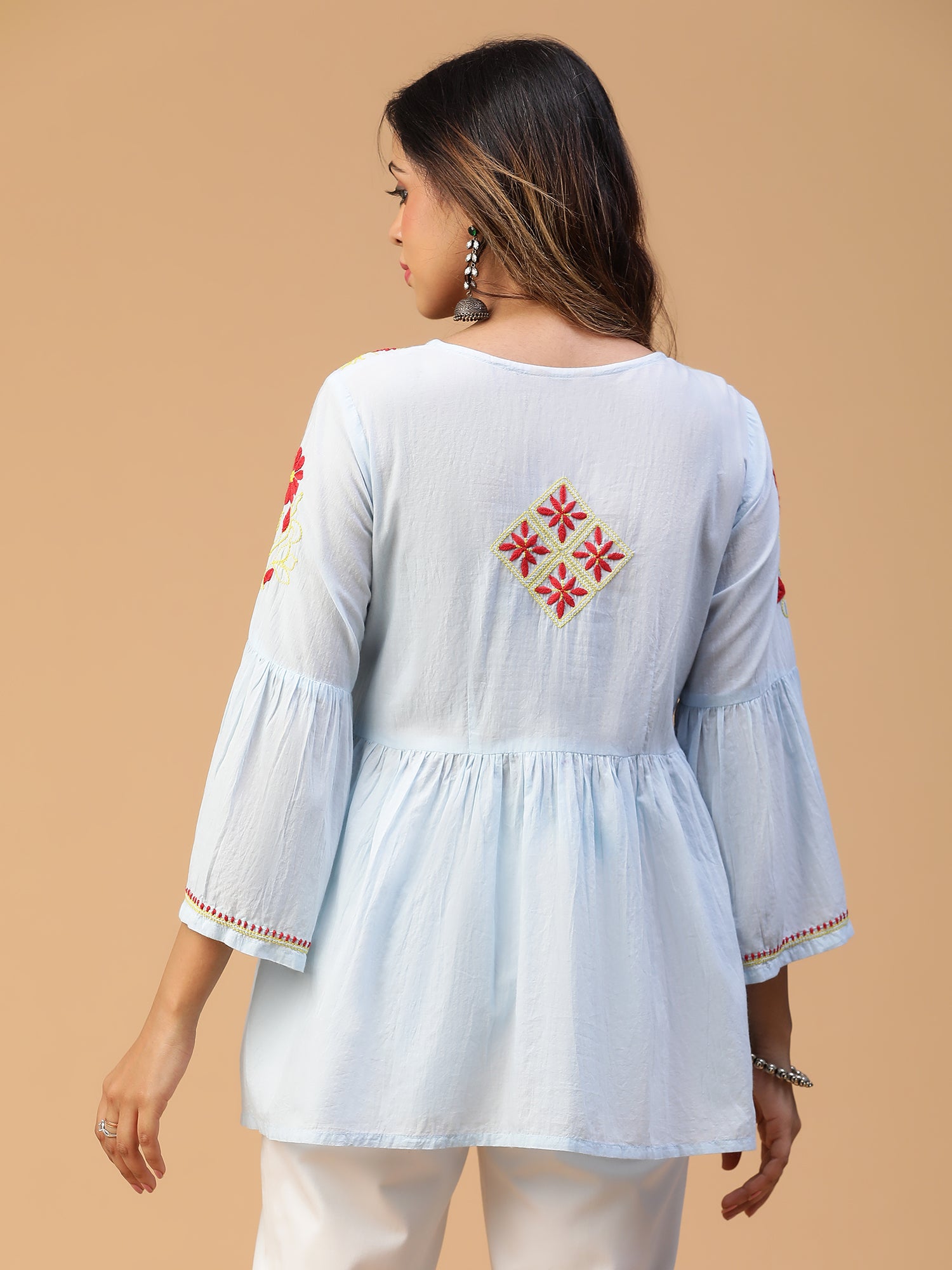 Semal Hand Embroidered Powder Blue Handloom Cotton Lucknowi Chikankari V-Neck Gathered Flared Top CH0087