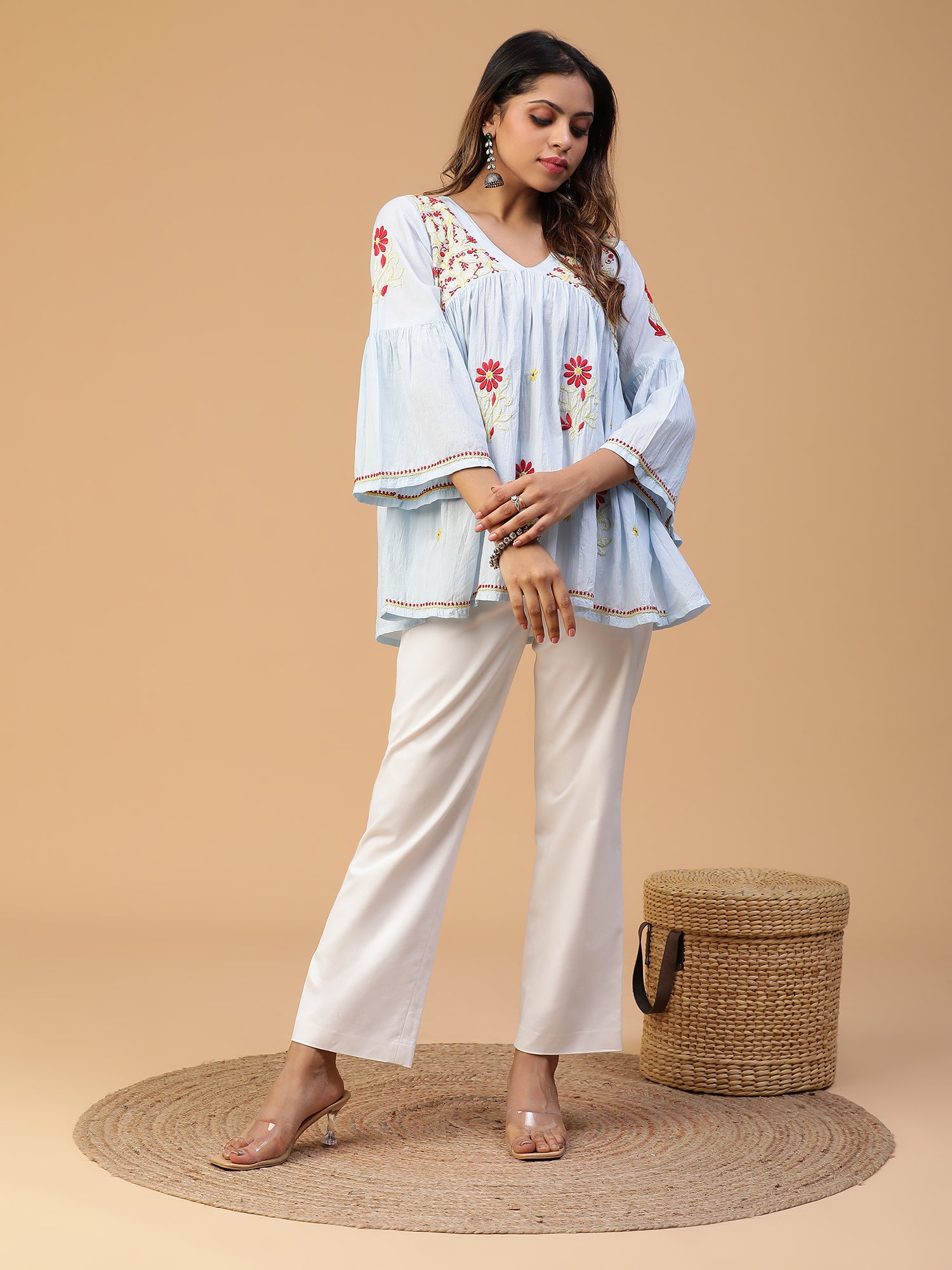 Semal Hand Embroidered Powder Blue Handloom Cotton Lucknowi Chikankari V-Neck Gathered Flared Top CH0087