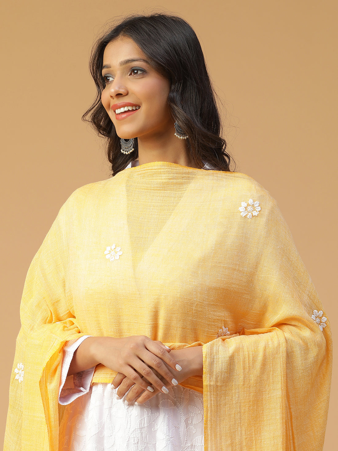 Hand Embroidered Pure Handloom Cotton Saffron Stole STL002