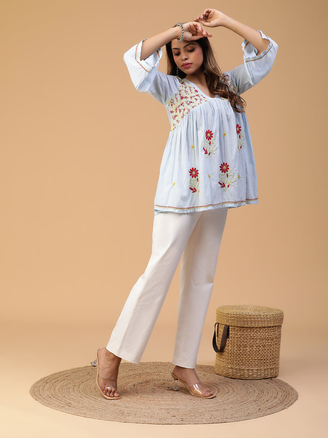 Semal Hand Embroidered Powder Blue Handloom Cotton Lucknowi Chikankari V-Neck Gathered Flared Top CH0087