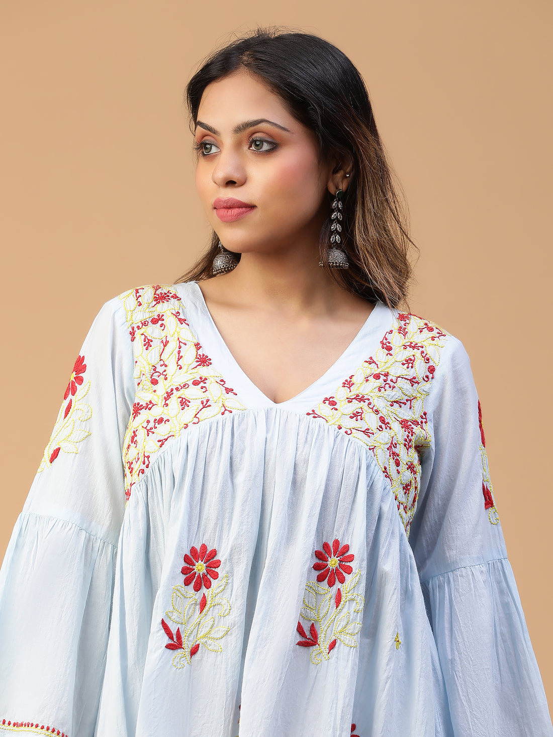 Semal Hand Embroidered Powder Blue Handloom Cotton Lucknowi Chikankari V-Neck Gathered Flared Top CH0087