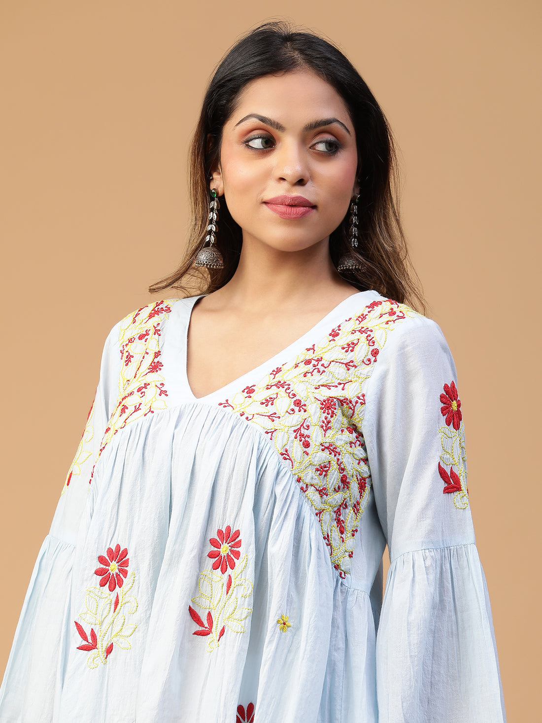 Semal Hand Embroidered Powder Blue Handloom Cotton Lucknowi Chikankari V-Neck Gathered Flared Top CH0087