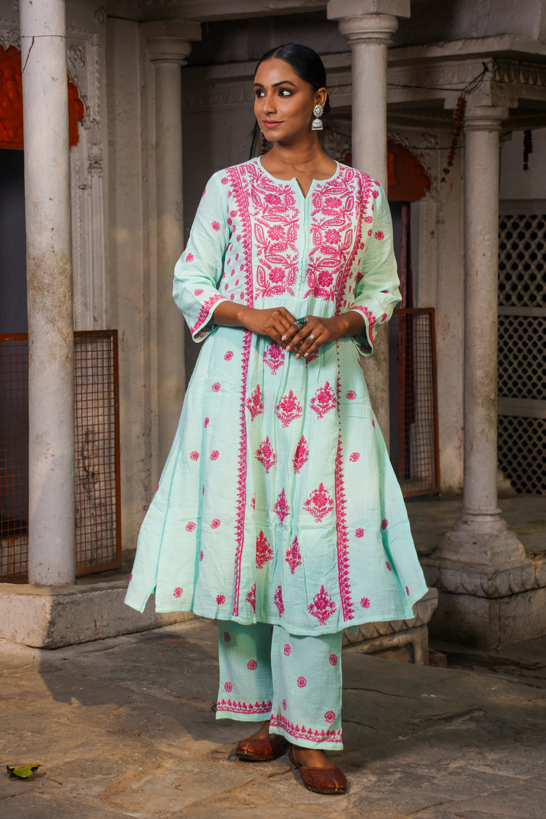 Semal Hand Embroidered Light Blue Cotton Lucknowi Chikankari Kurta With Pants Set CH0175A