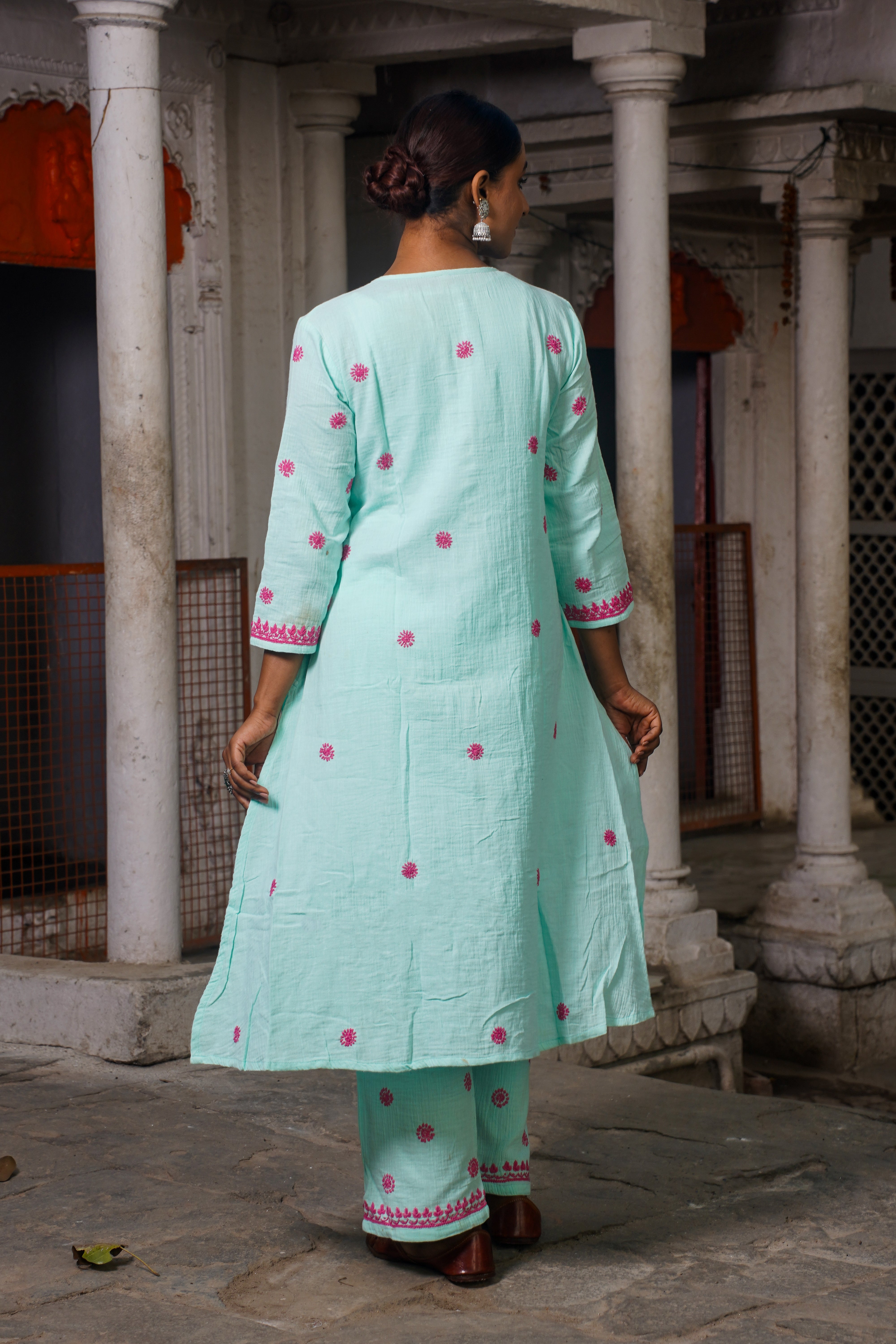 Semal Hand Embroidered Light Blue Cotton Lucknowi Chikankari Kurta With Pants Set CH0175A