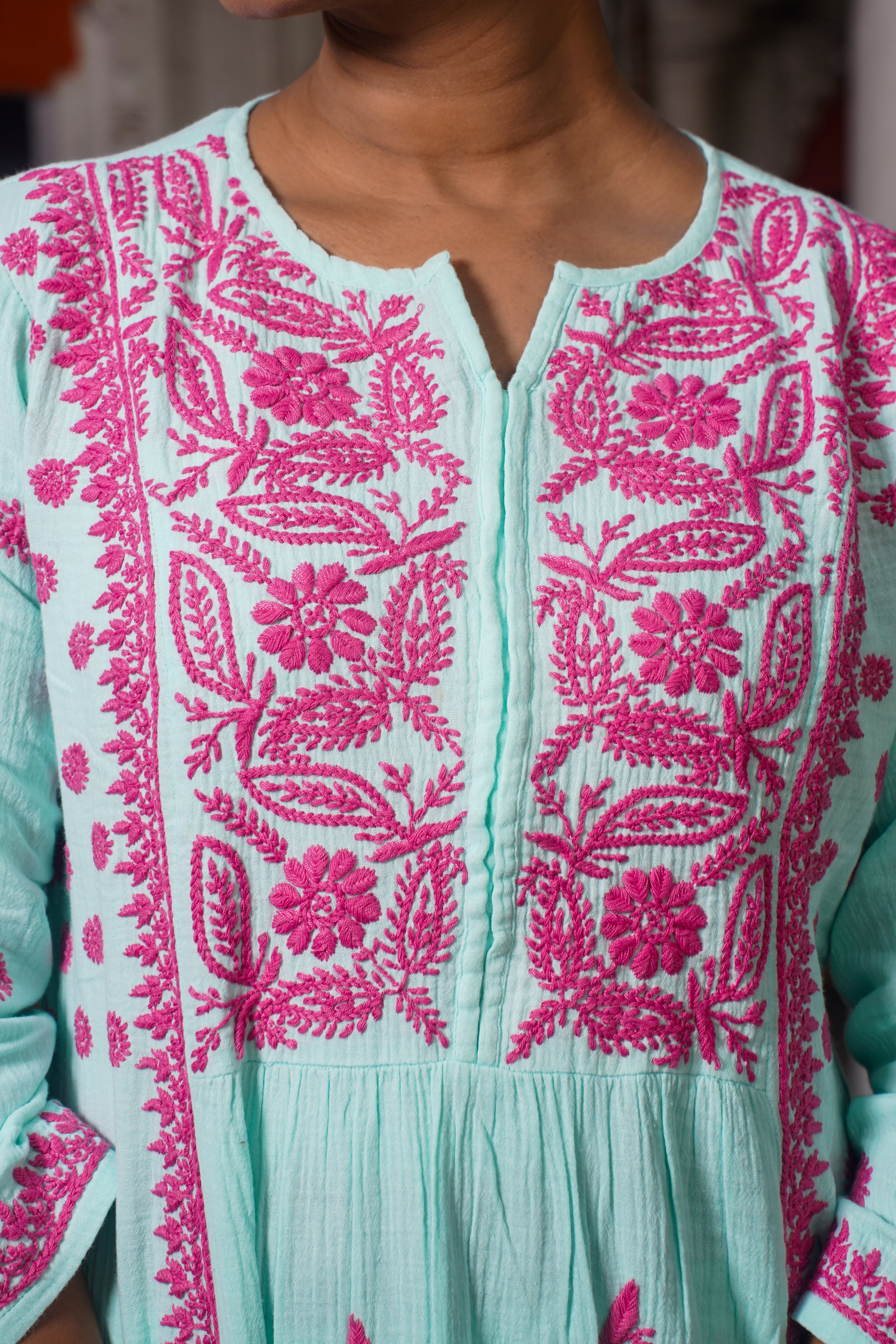 Semal Hand Embroidered Light Blue Cotton Lucknowi Chikankari Kurta With Pants Set CH0175A