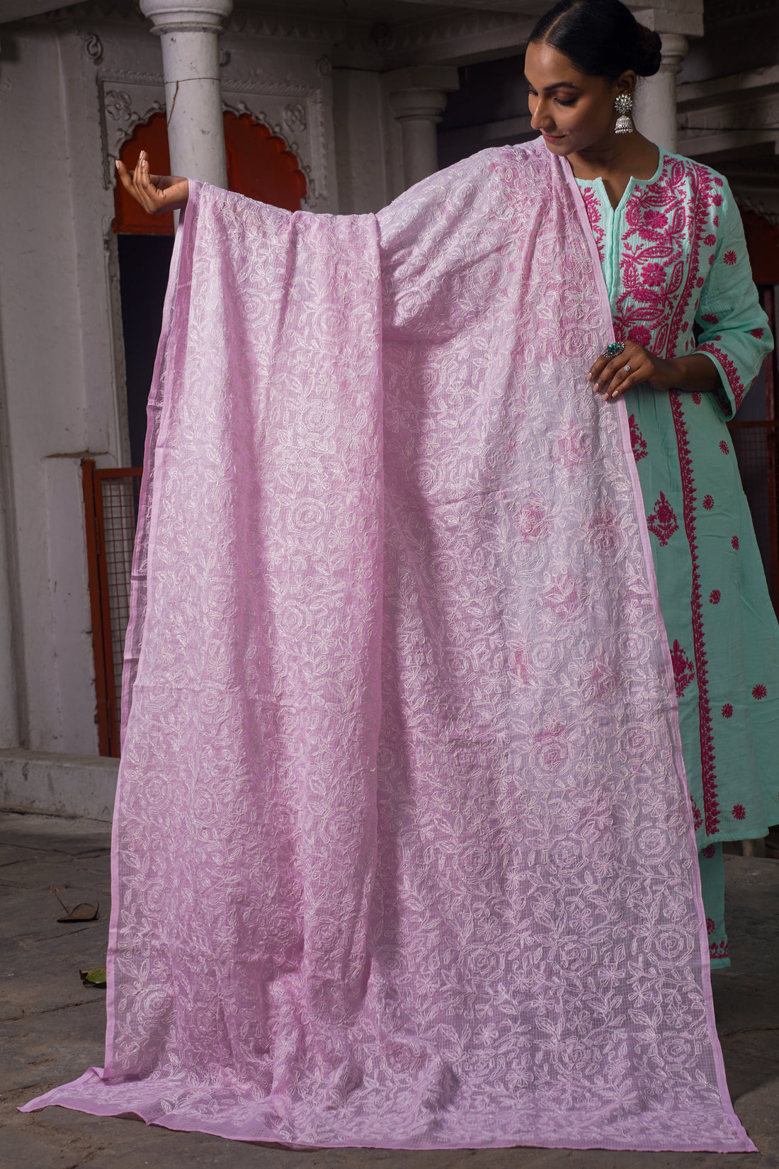 Semal Hand Embroidered Kota Doria Pink Lucknow Tepchi Work Dupatta DUP003