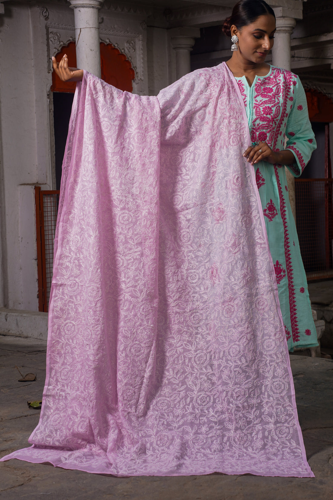 Semal Hand Embroidered Kota Doria Pink Lucknow Tepchi Work Dupatta DUP003
