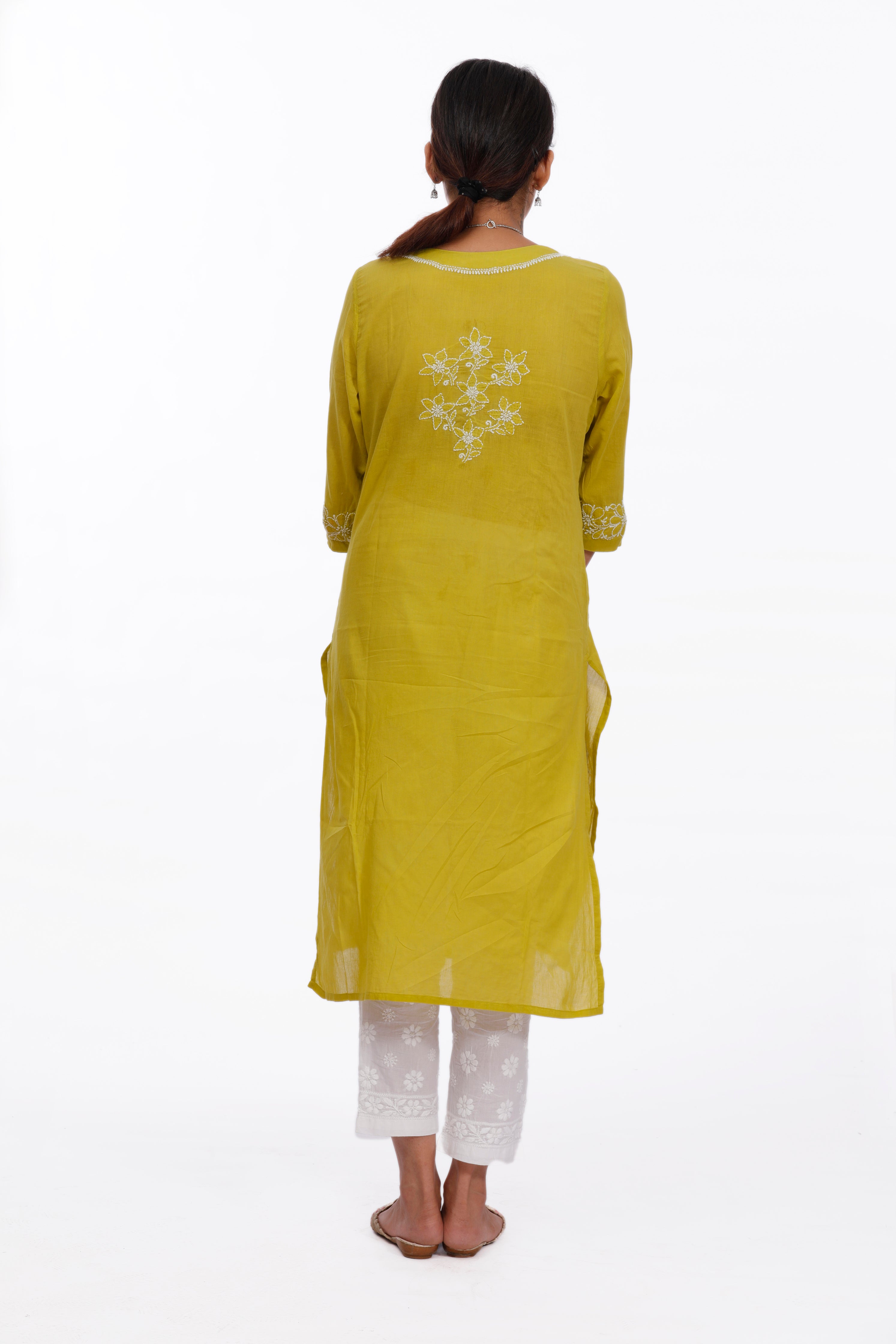 Semal Hand Embroidered Olive Green Cotton Lucknowi Chikankari Straight Kurta CH0002C