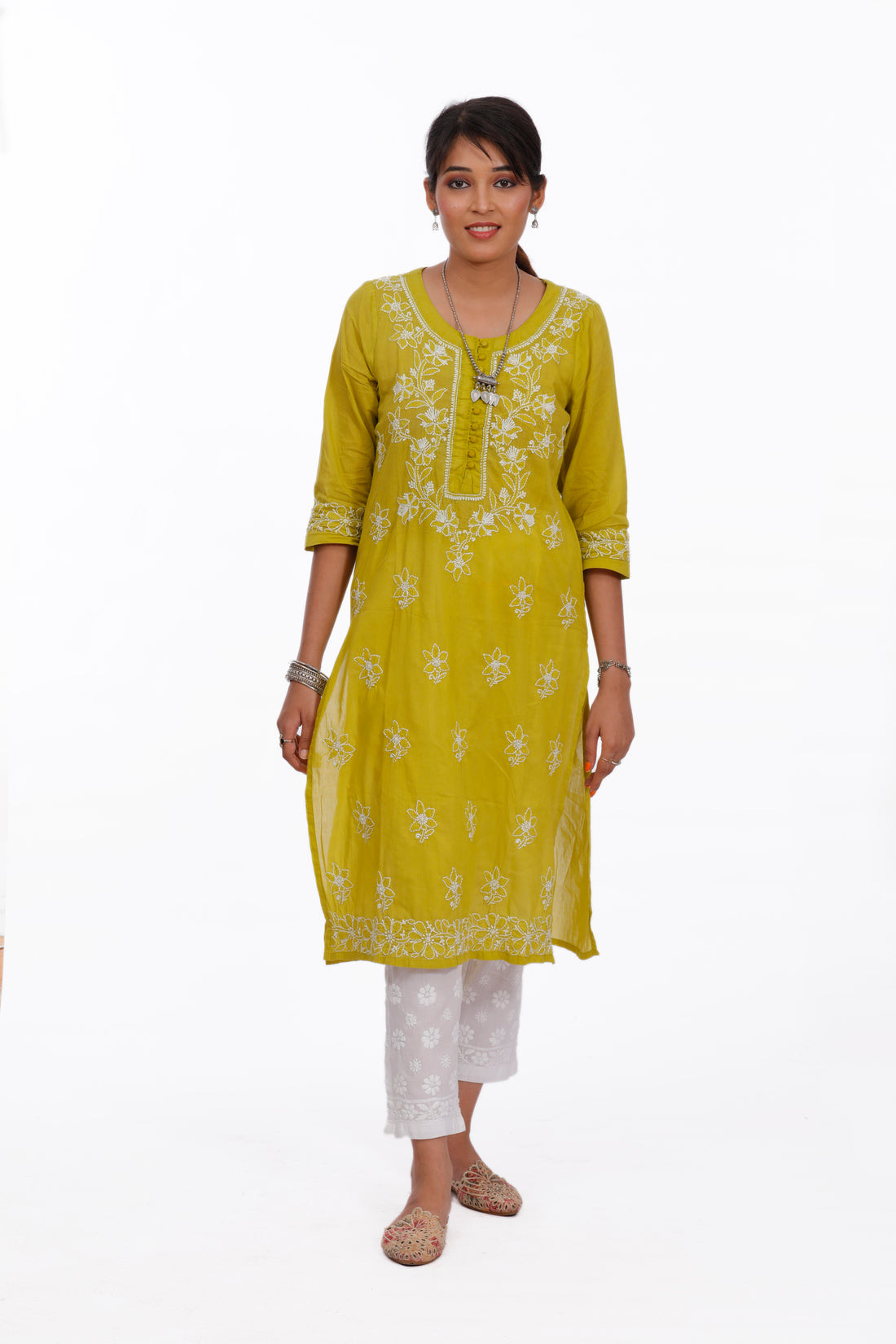Semal Hand Embroidered Olive Green Cotton Lucknowi Chikankari Straight Kurta CH0002C