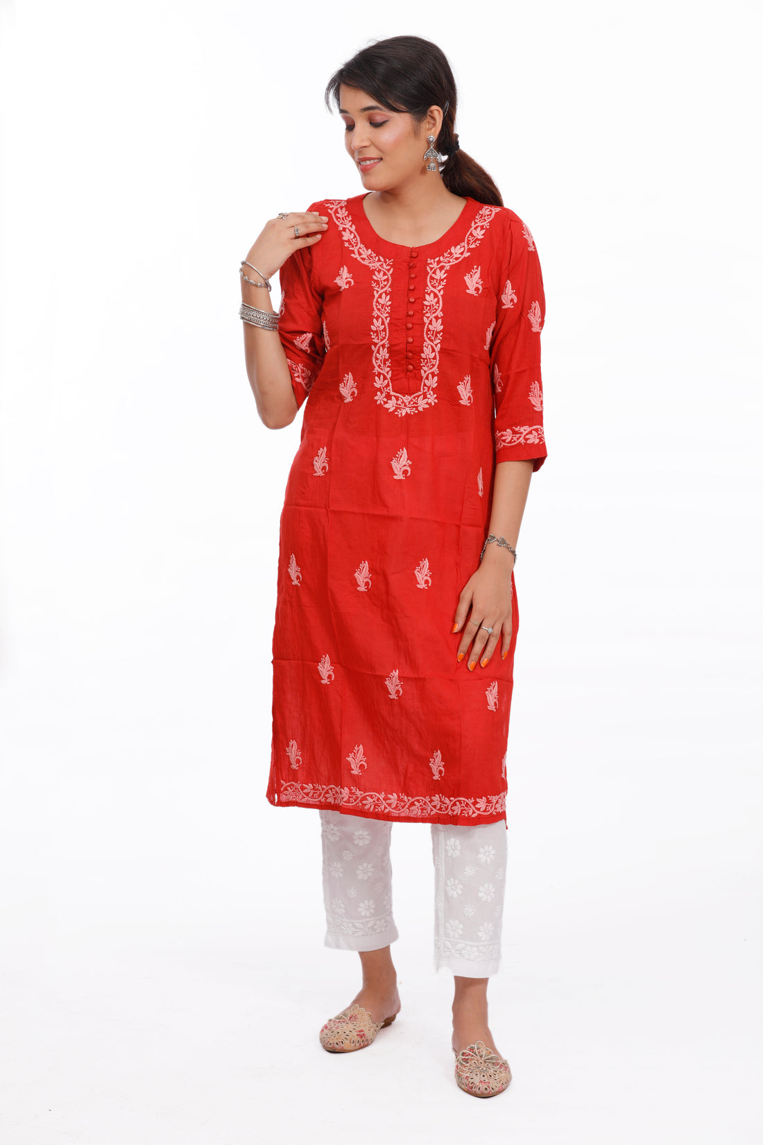 Semal Chikankari Cotton Red Straight Kurta Semal Handicrafts
