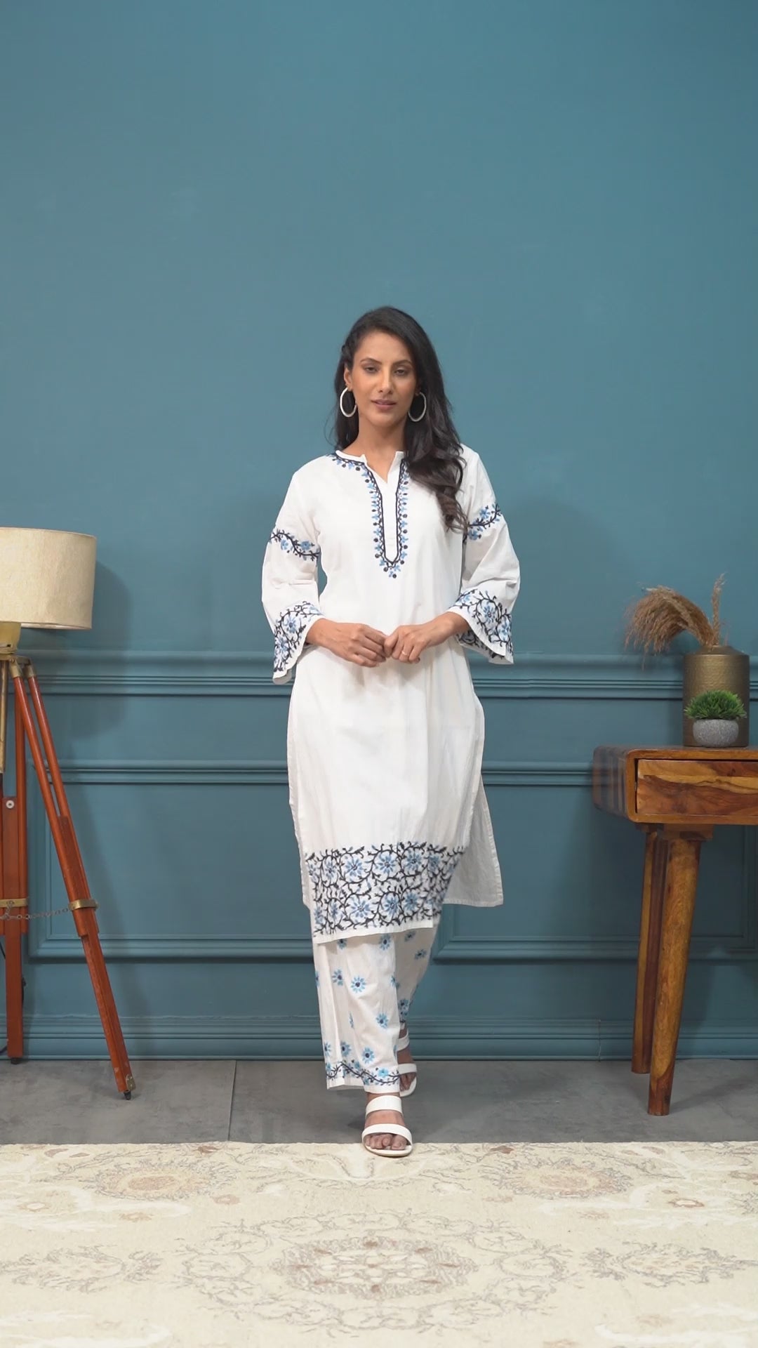 Semal Hand Embroidered White Cotton Lucknow Chikankari Straight Kurta With Pants Set CH0149