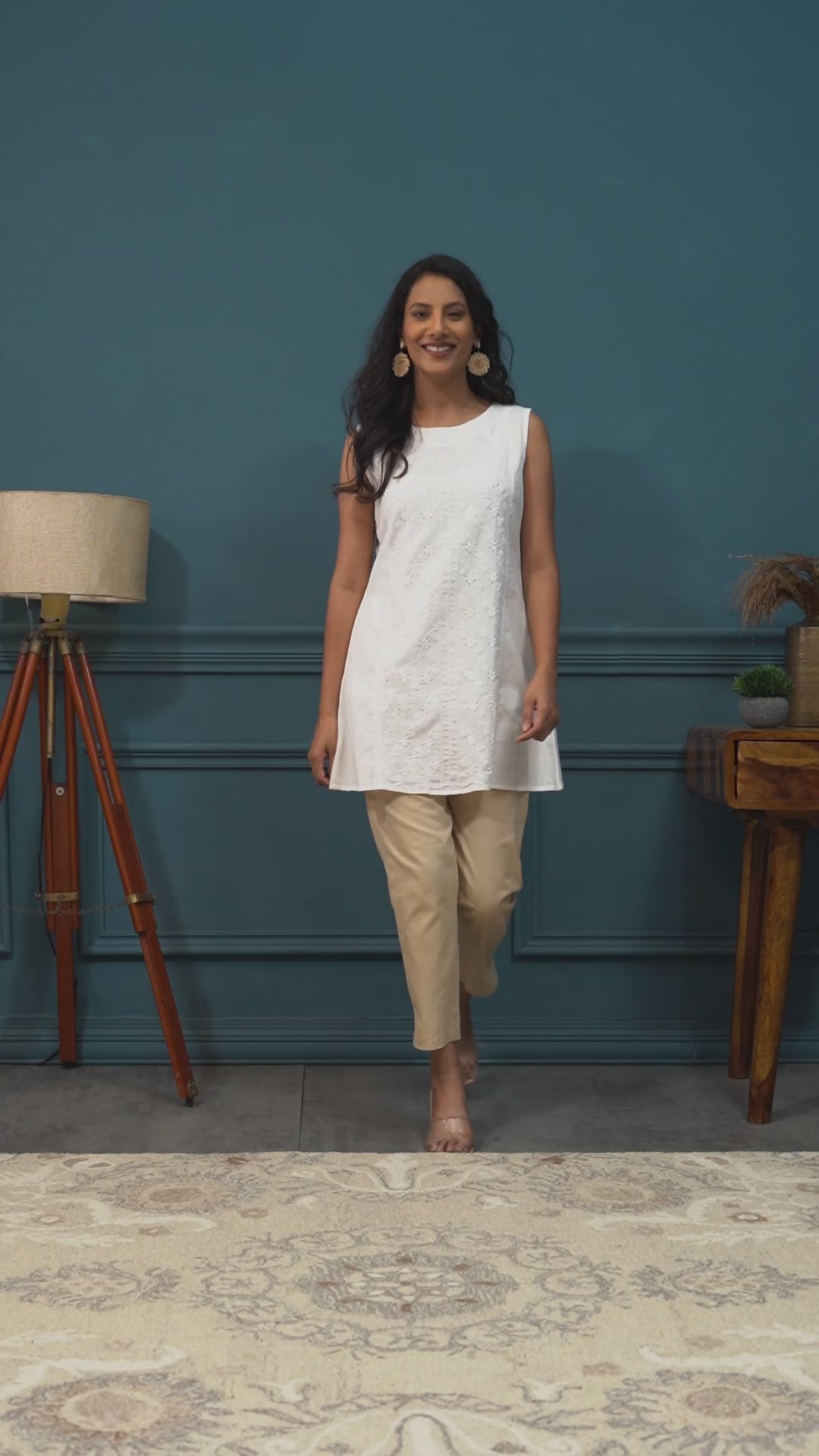 Semal Hand Embroidered White Cotton Linen Sleeveless With Center Front Pintuck Top CH0095