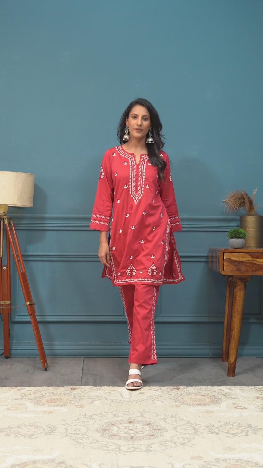 Semal Hand Embroidered Mahogany Rose Lucknowi Chikankari Co-ord Set CH0167