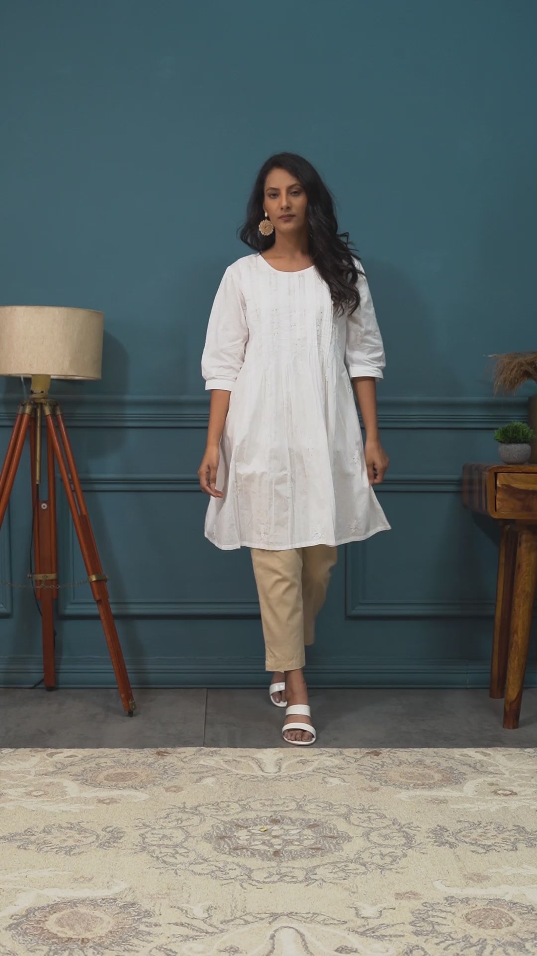 Semal handicrafts white Chikankari cotton knee length kurti with pintuck