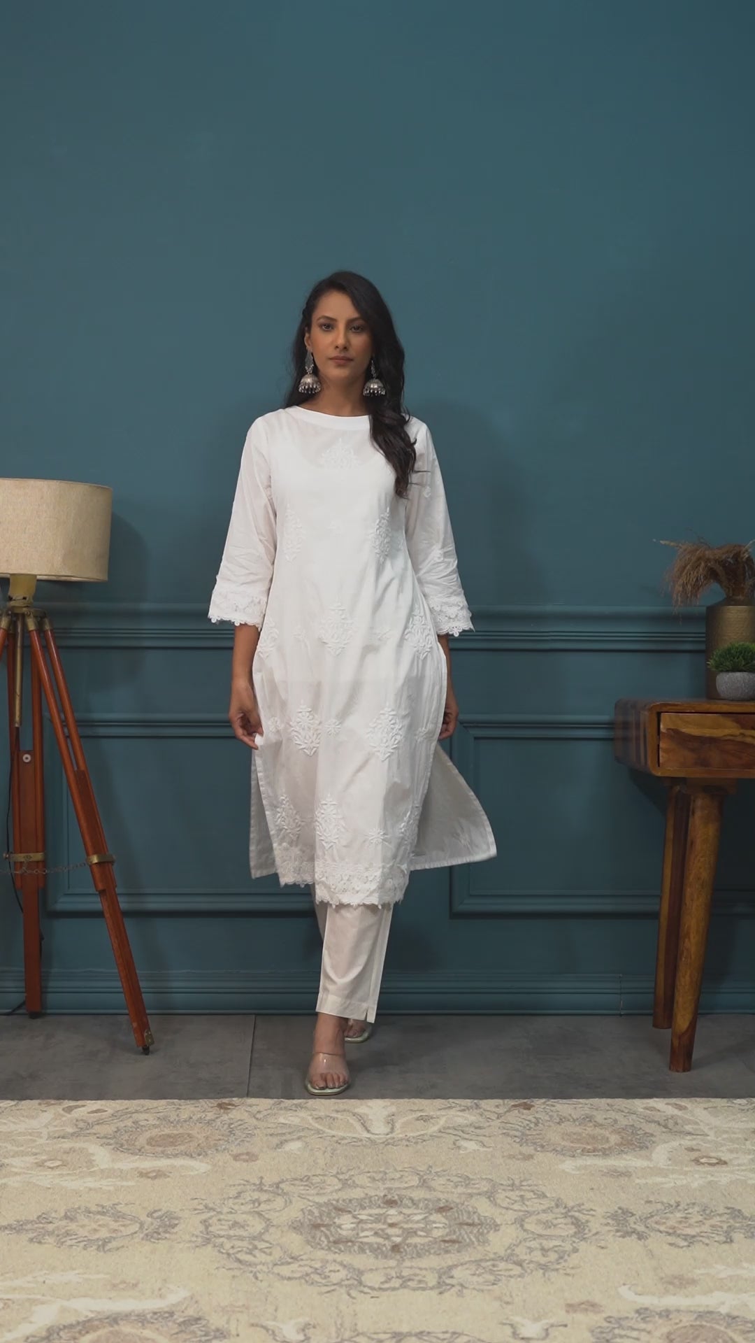 Elegant Simplicity: White Cotton Chikankari Kurta with Lace Border CH0038
