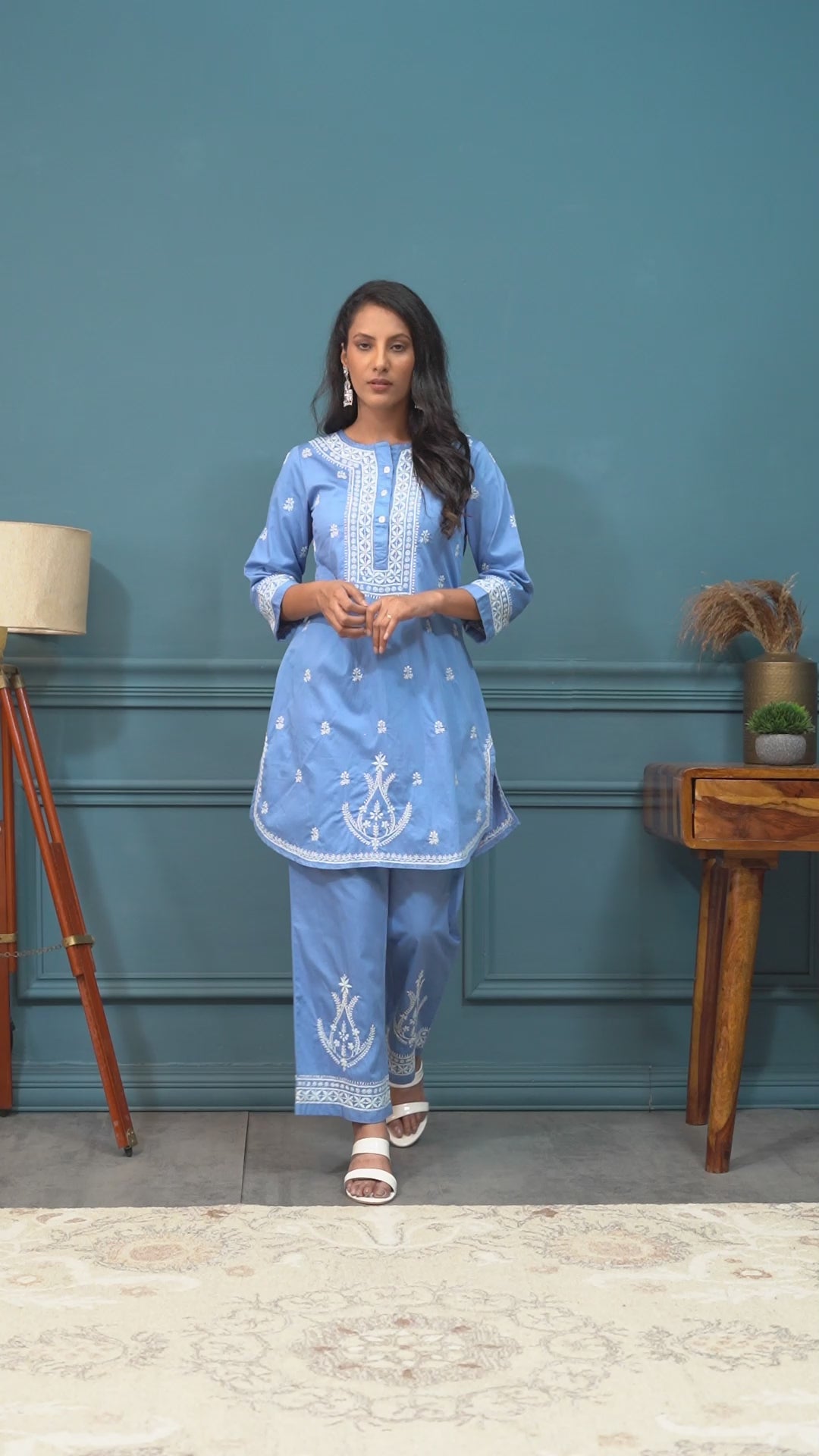 Semal Hand Embroidered Lucknowi Sapphire Dusk Chikankari Co-ord Set CH0166