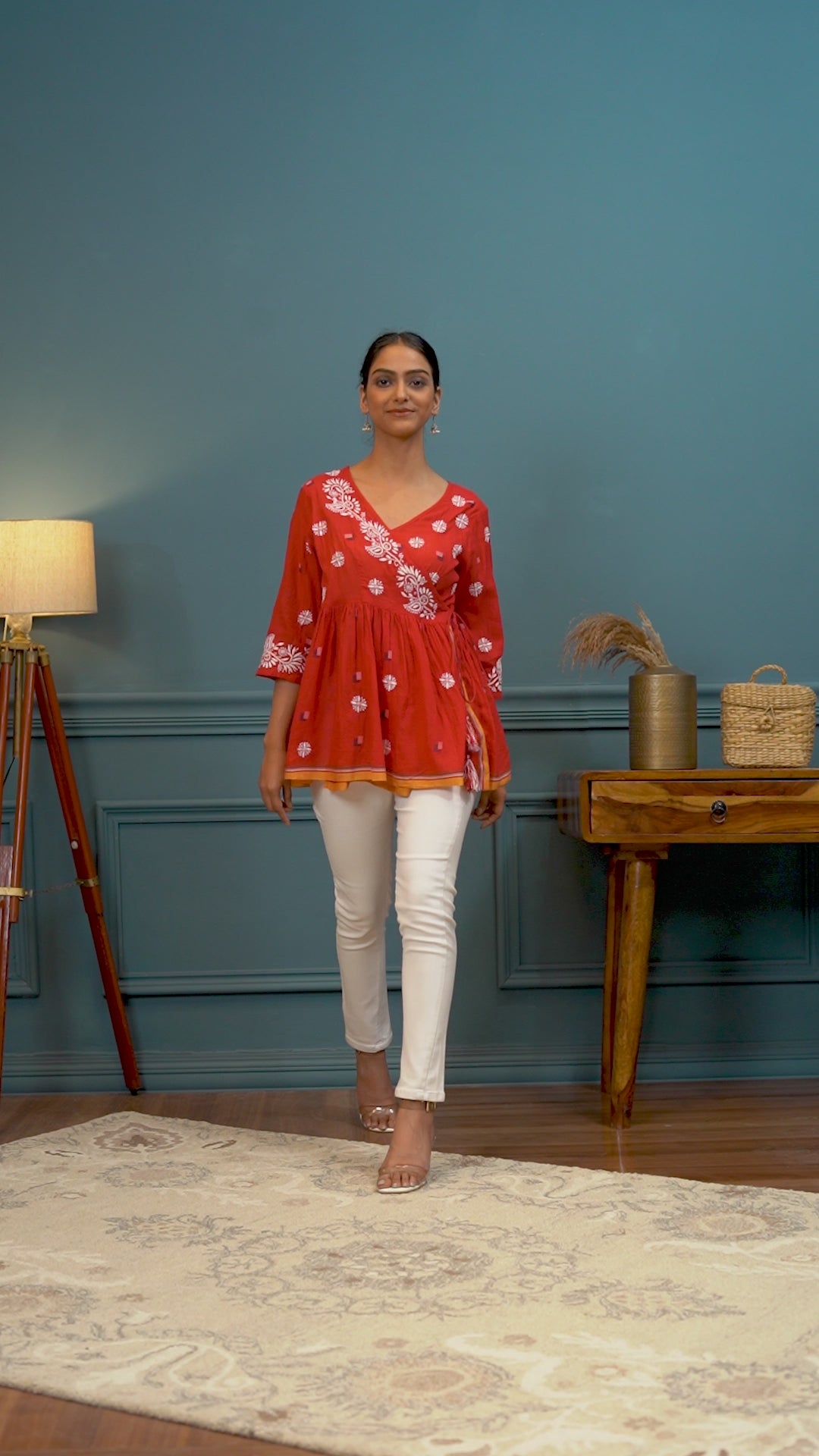 Semal Hand Embroidered Red Radiance Lucknowi Chikankari Handloom Jamdani Top CH0092