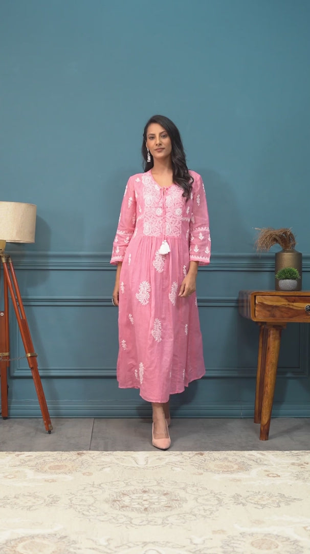 Semal Hand Embroidered Pink Kota Cotton Lucknowi Chikankari Kurta with Neck Dori CH0158N