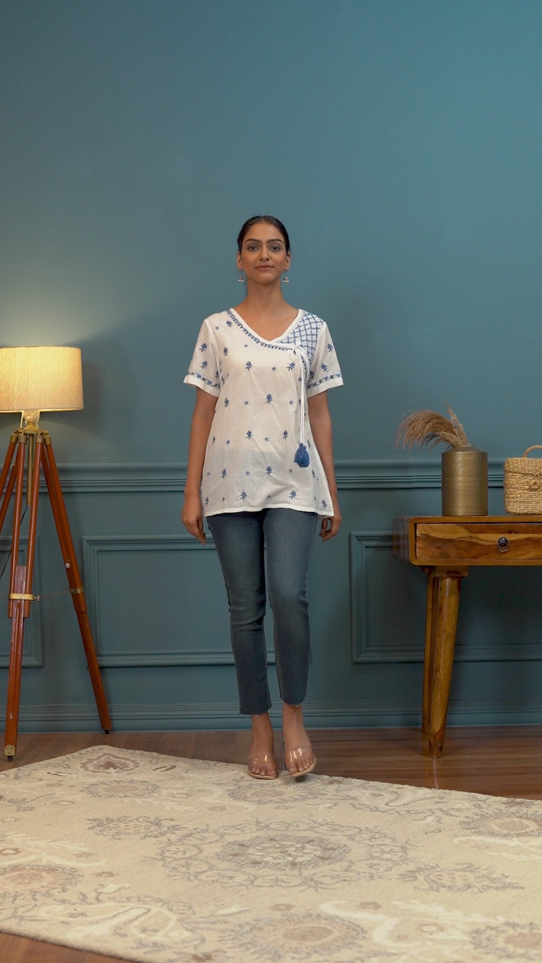 Semal Hand Embroidered White Handloom Cotton Lucknowi Chikankari Top with Angrakha Neckline CH0074