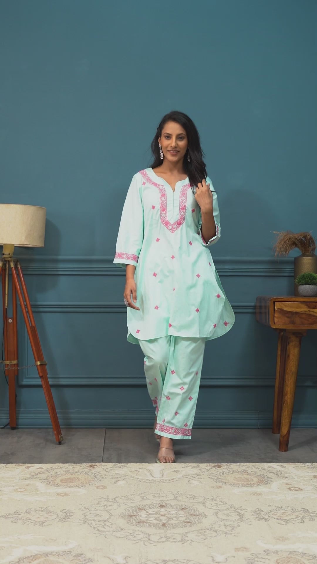 Semal Hand Embroidered Dewdrop Blue Cotton Lucknowi Chikankari Co-ord Set CH0168