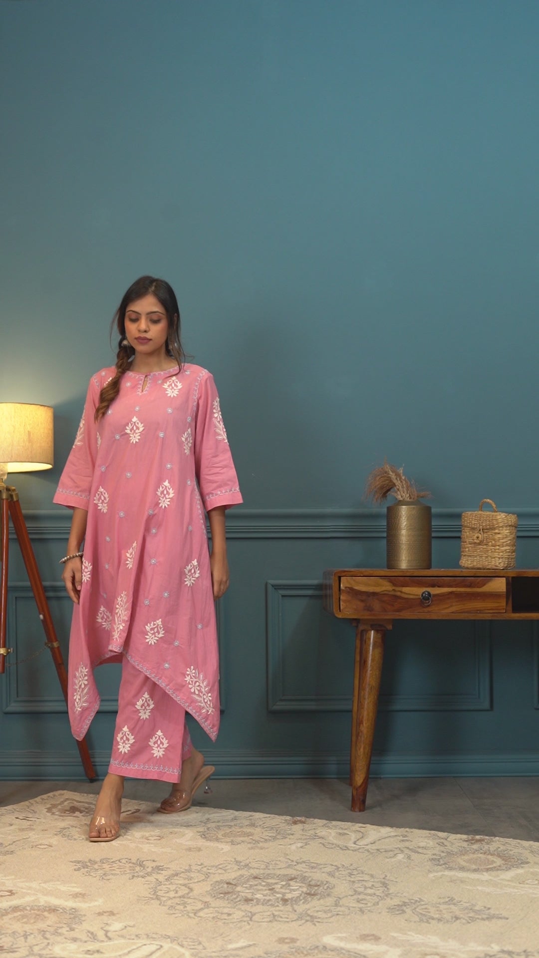 SEMAL HAND EMBROIDERED LUCKNOWI CHIKANKARI COTTON A- SYMMETRIC PINK KURTA WITH PANTS SET CH0117