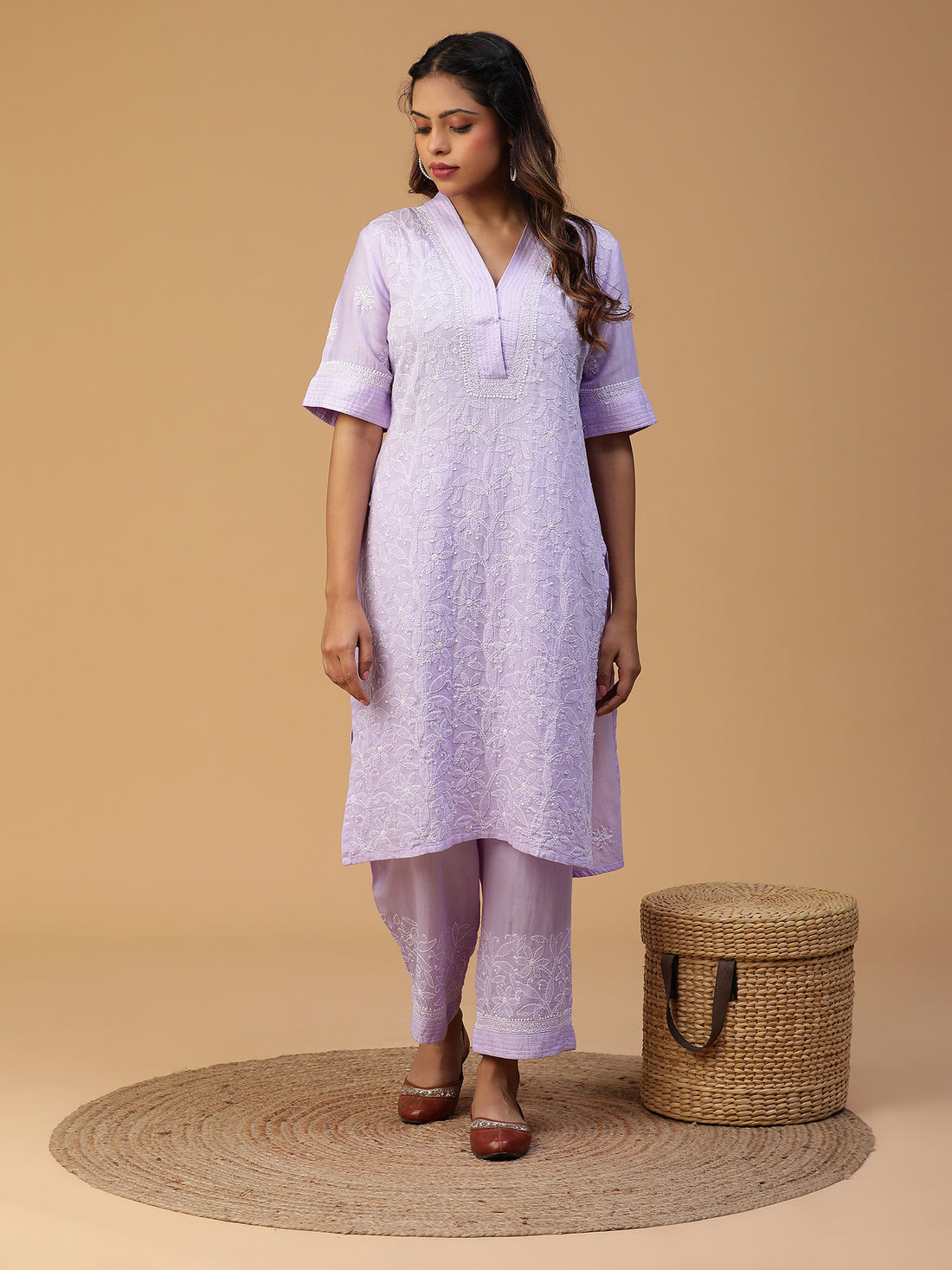 Lilac Cotton Overlap V-Neck Straight Kurta With Elbow Sleeves