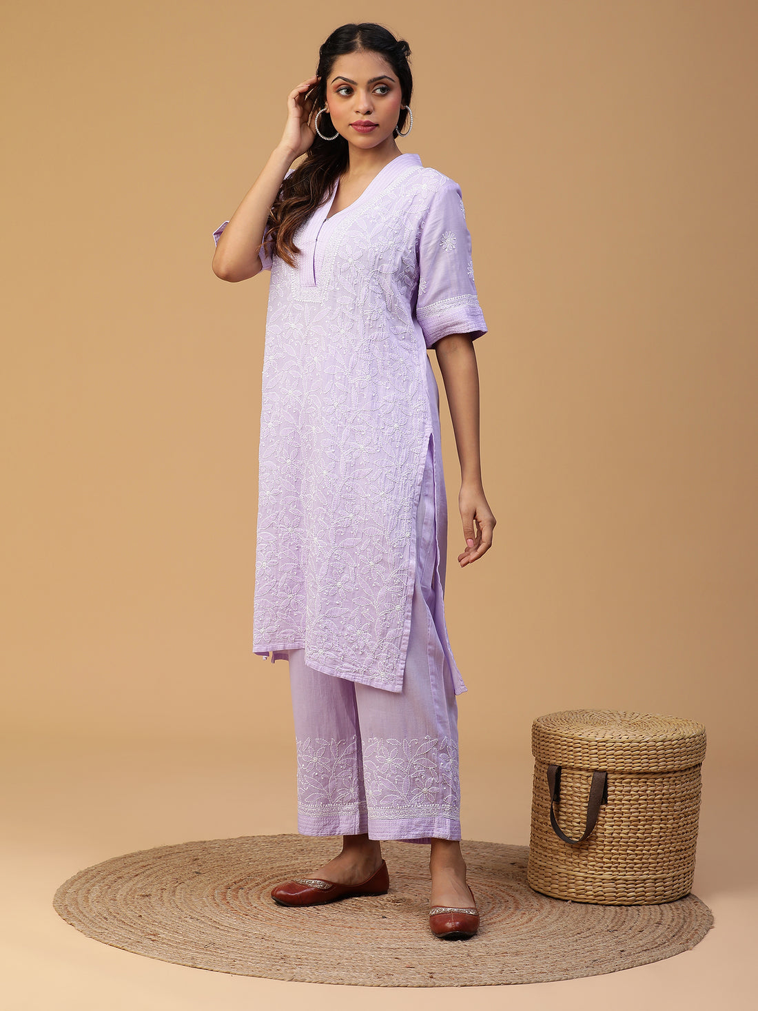 Lilac Cotton Overlap V-Neck Straight Kurta With Elbow Sleeves