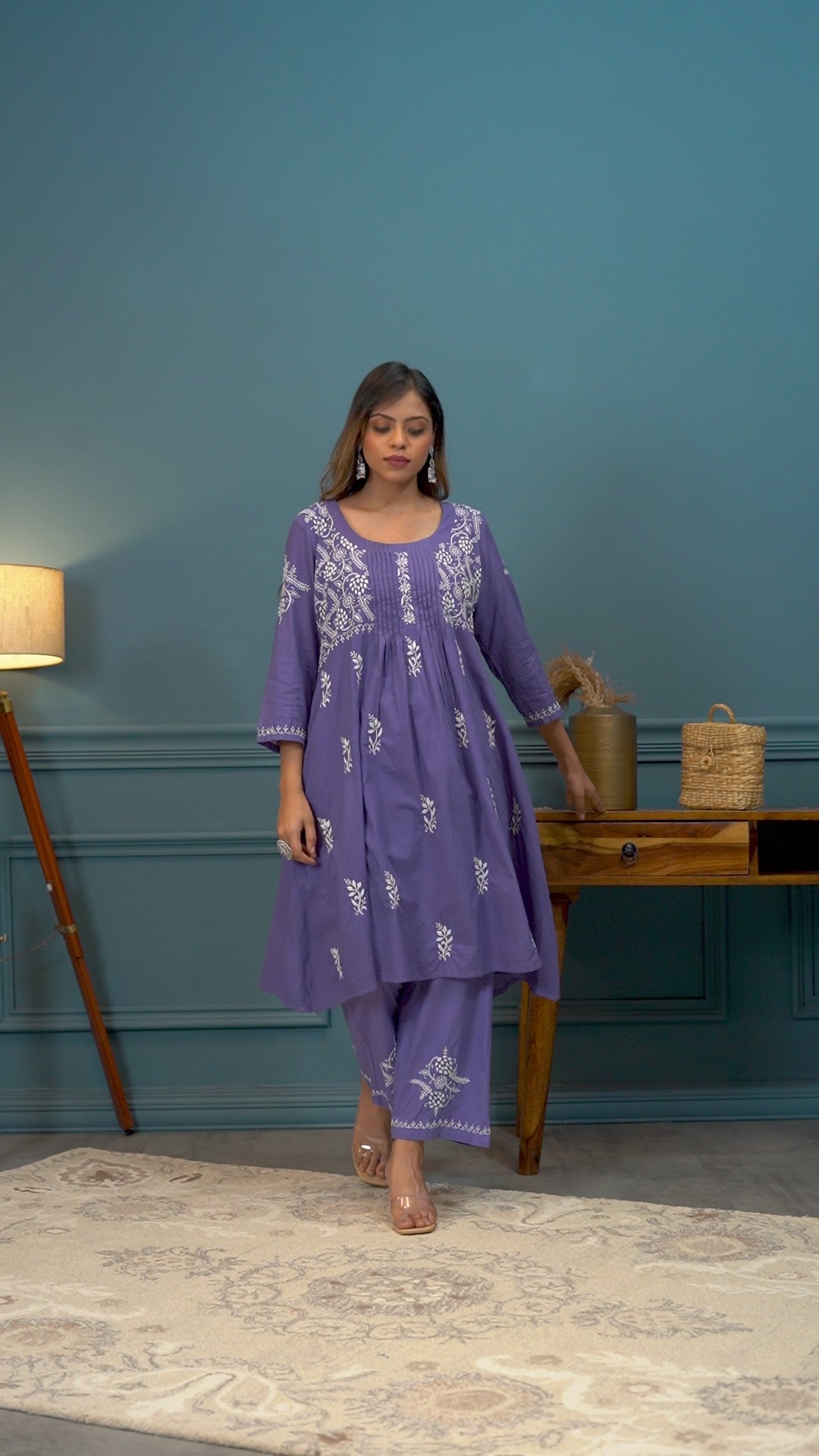 SEMAL HAND EMBROIDERED BLUE COTTON LUCKNOWI CHIKANKARI A-LINE PLEATED YOKE KURTA WITH PANTS SET CH0111N