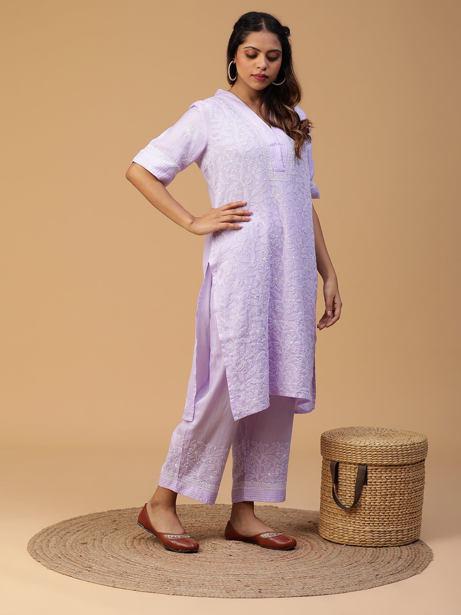 Lilac Cotton Overlap V-Neck Straight Kurta With Elbow Sleeves