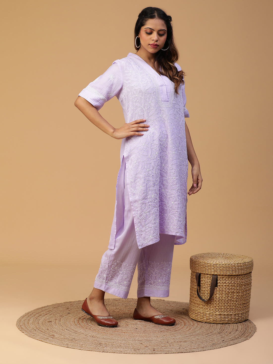 Lilac Cotton Overlap V-Neck Straight Kurta With Elbow Sleeves