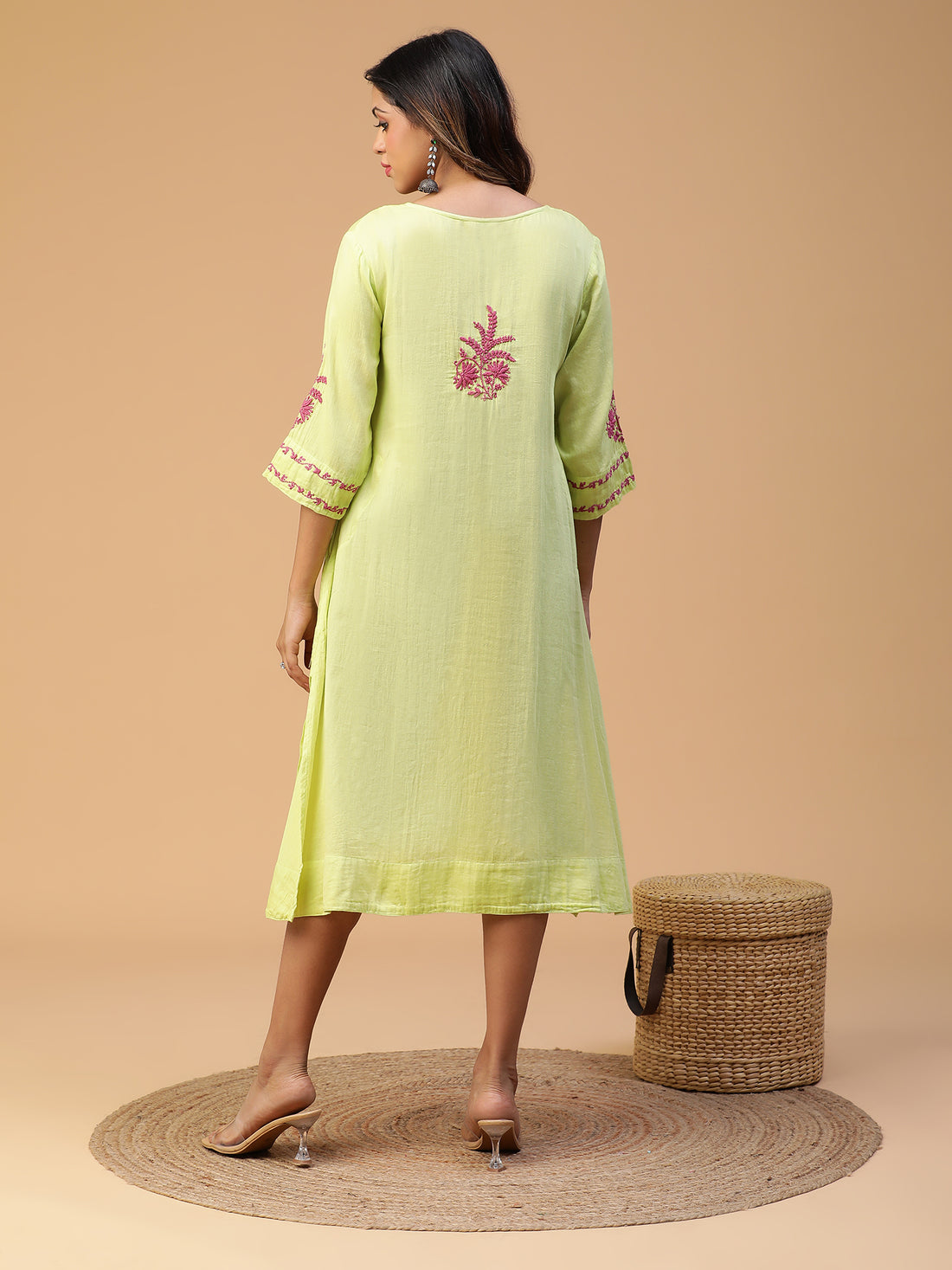 SEMAL HAND EMBROIDERED LIGHT GREEN COTTON LUCKNOWI CHIKANKARI YOKE GATHER KURTA WITH LACE DETAILING CH0131