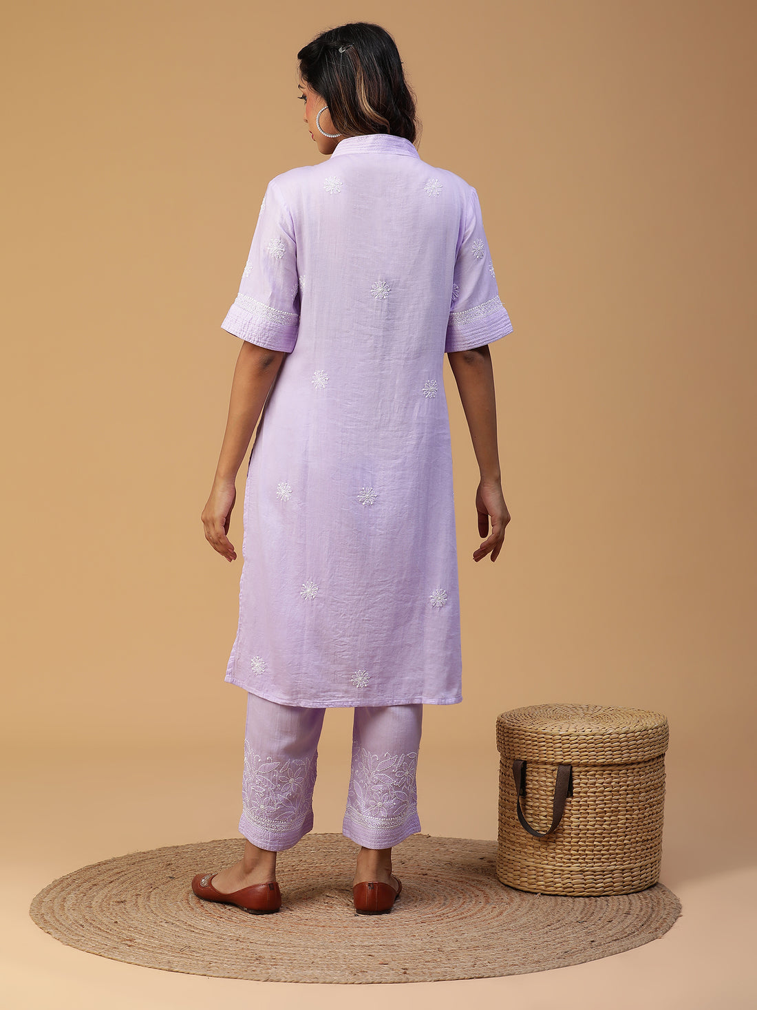 Lilac Cotton Overlap V-Neck Straight Kurta With Elbow Sleeves