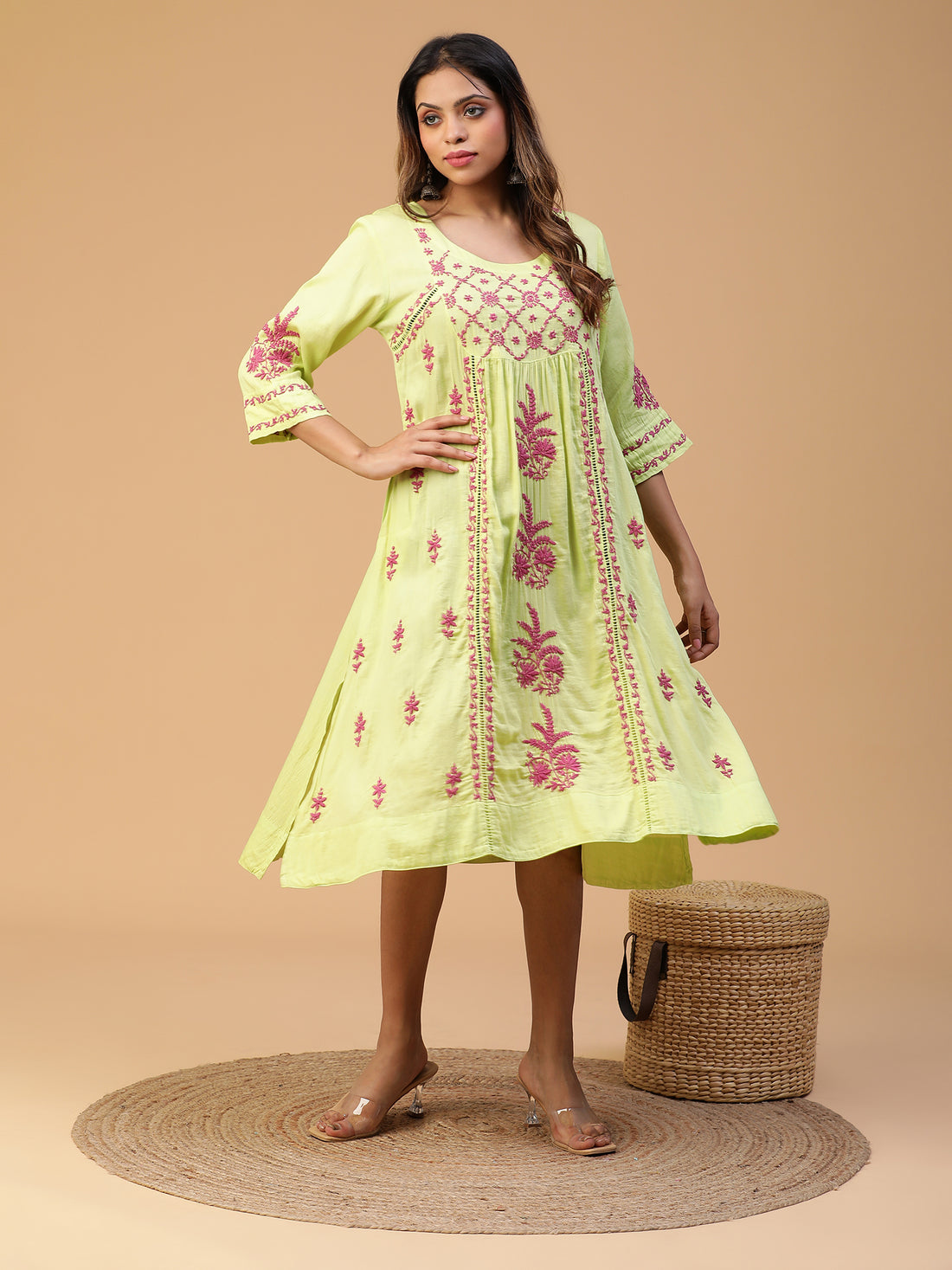 SEMAL HAND EMBROIDERED LIGHT GREEN COTTON LUCKNOWI CHIKANKARI YOKE GATHER KURTA WITH LACE DETAILING CH0131