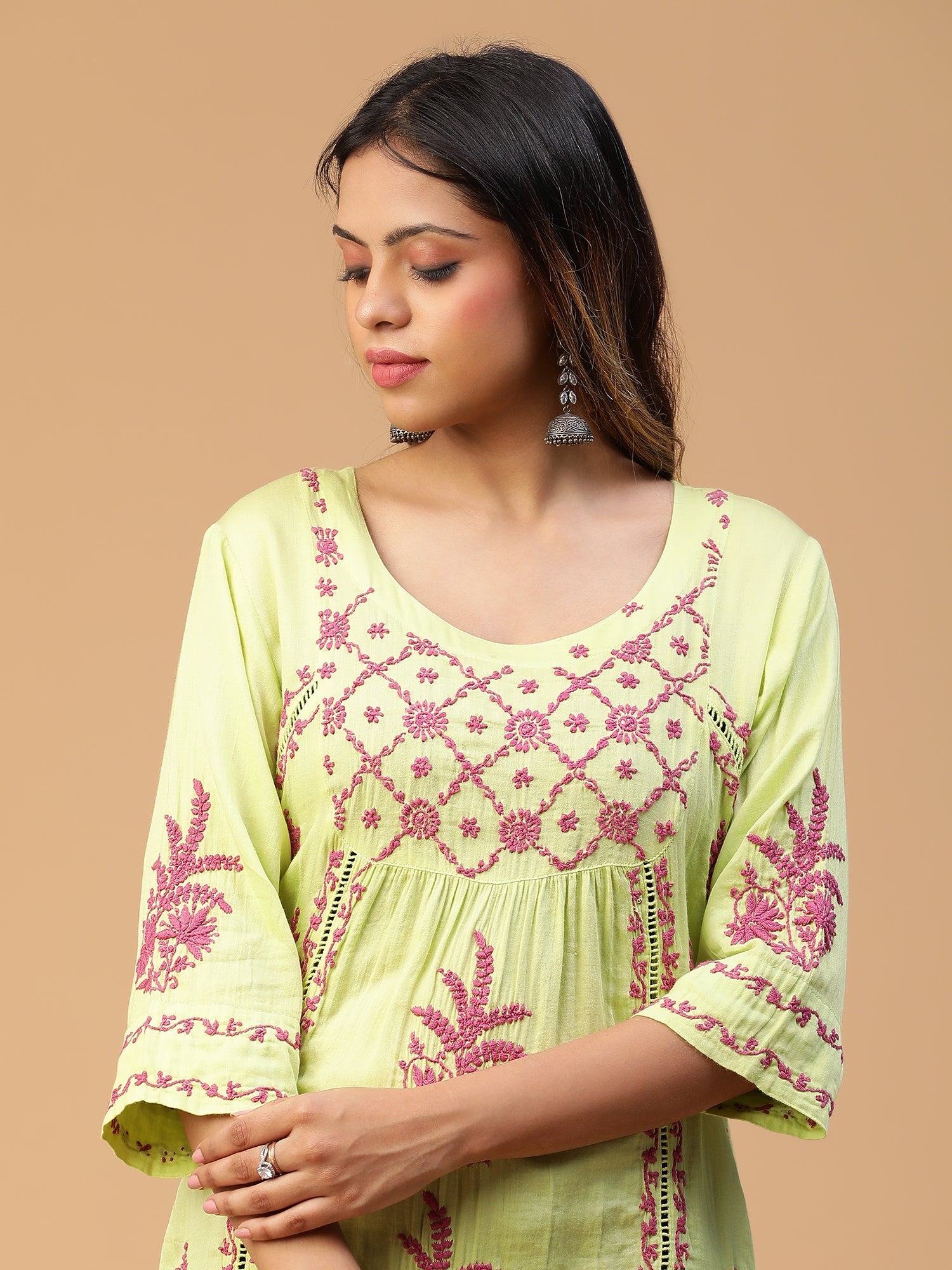 SEMAL HAND EMBROIDERED LIGHT GREEN COTTON LUCKNOWI CHIKANKARI YOKE GATHER KURTA WITH LACE DETAILING CH0131
