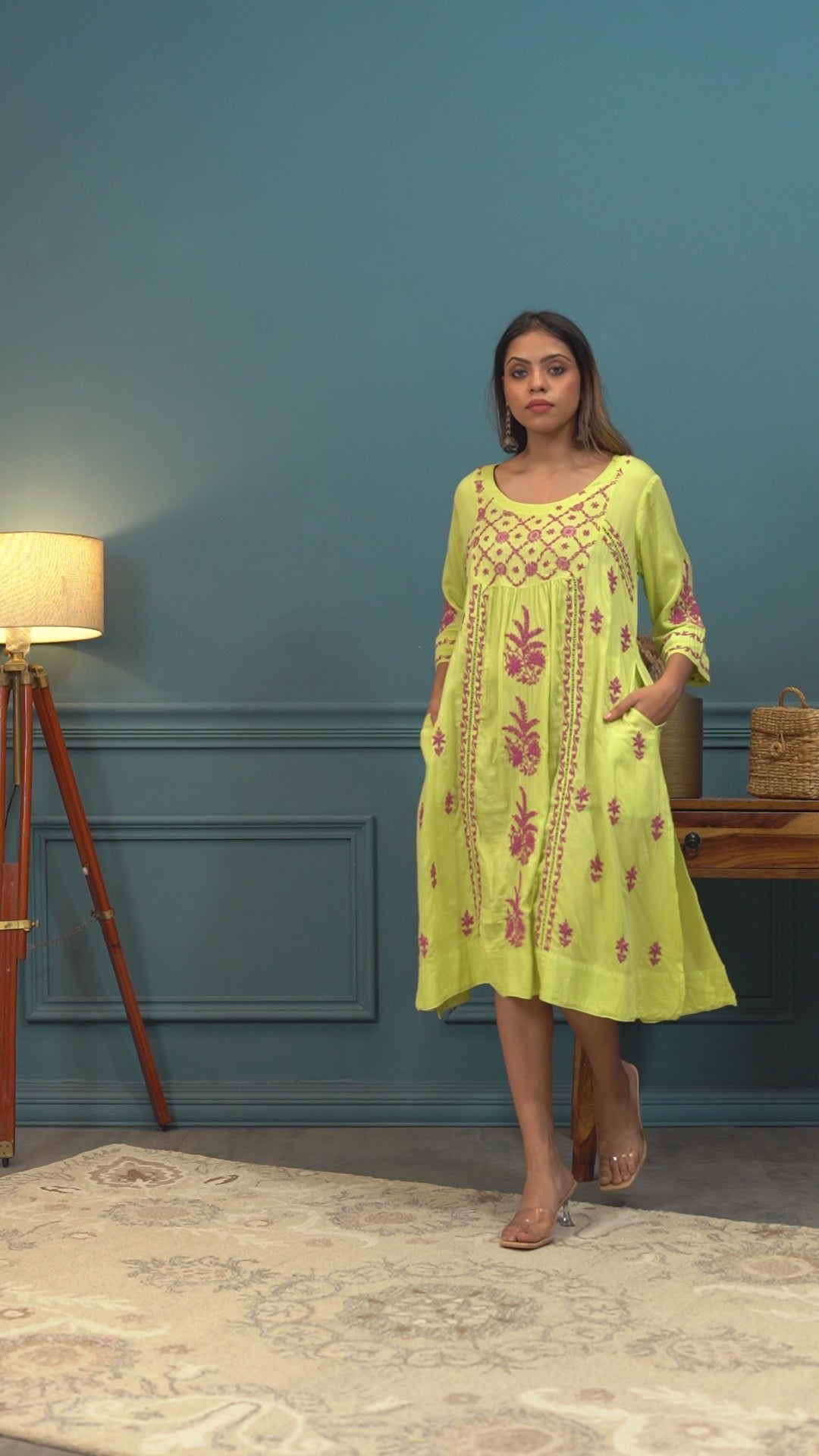 SEMAL HAND EMBROIDERED LIGHT GREEN COTTON LUCKNOWI CHIKANKARI YOKE GATHER KURTA WITH LACE DETAILING CH0131