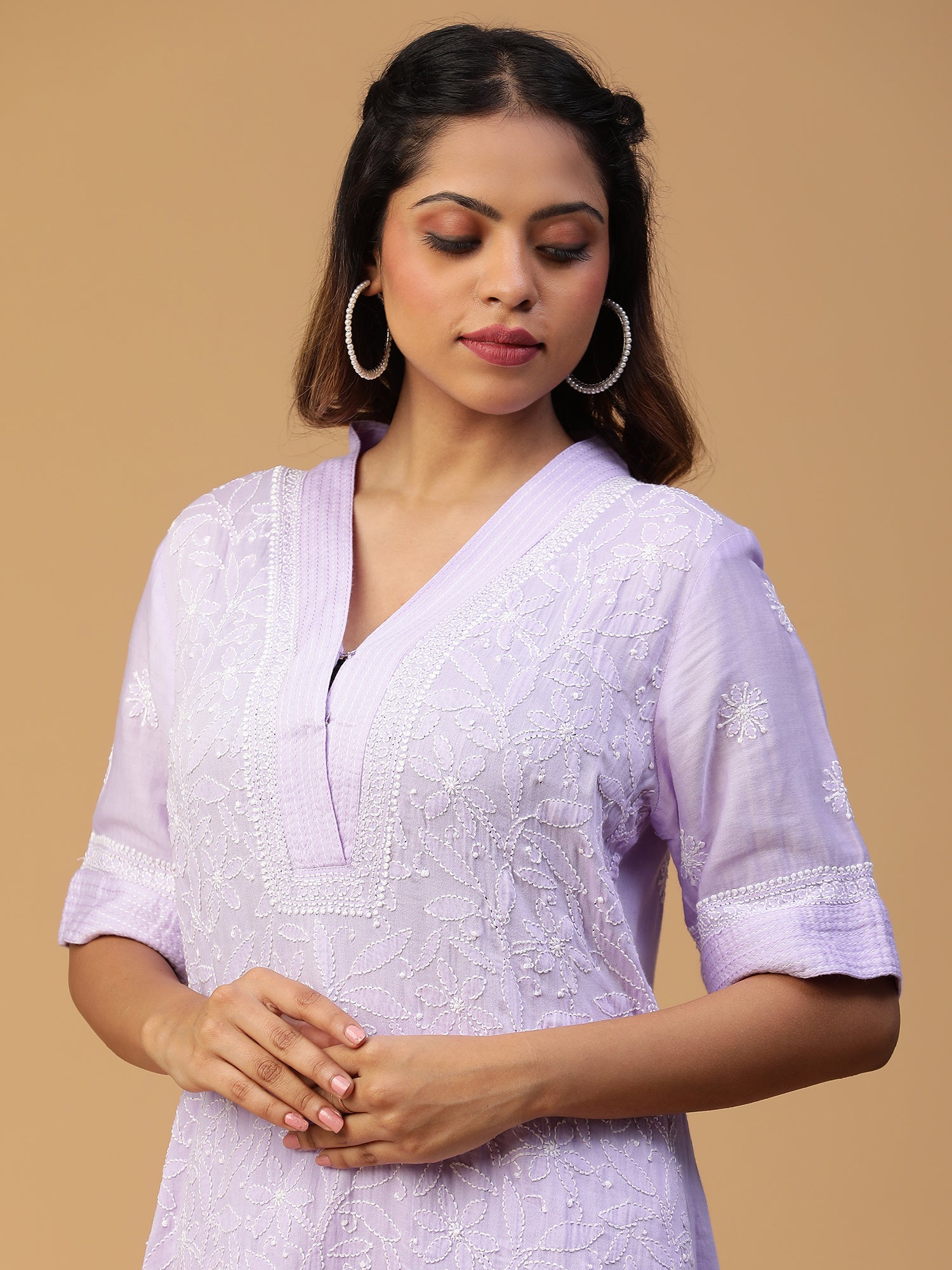 Lilac Cotton Overlap V-Neck Straight Kurta With Elbow Sleeves